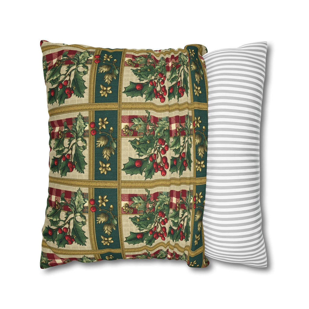 Gingham & Holly Christmas Pillow Cover:  Classic Vintage Holiday Style with Stripes