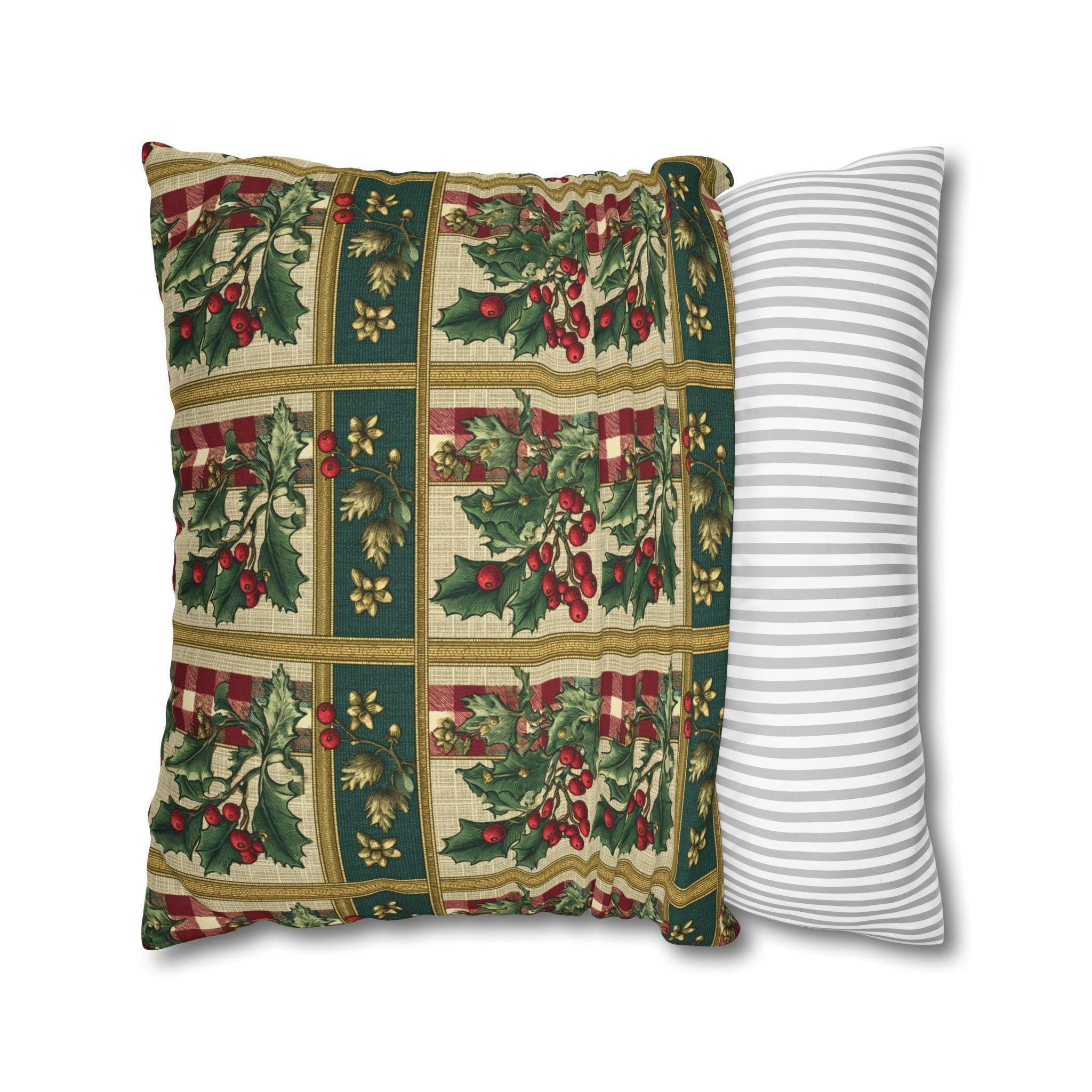 Gingham & Holly Christmas Pillow Cover:  Classic Vintage Holiday Style with Stripes