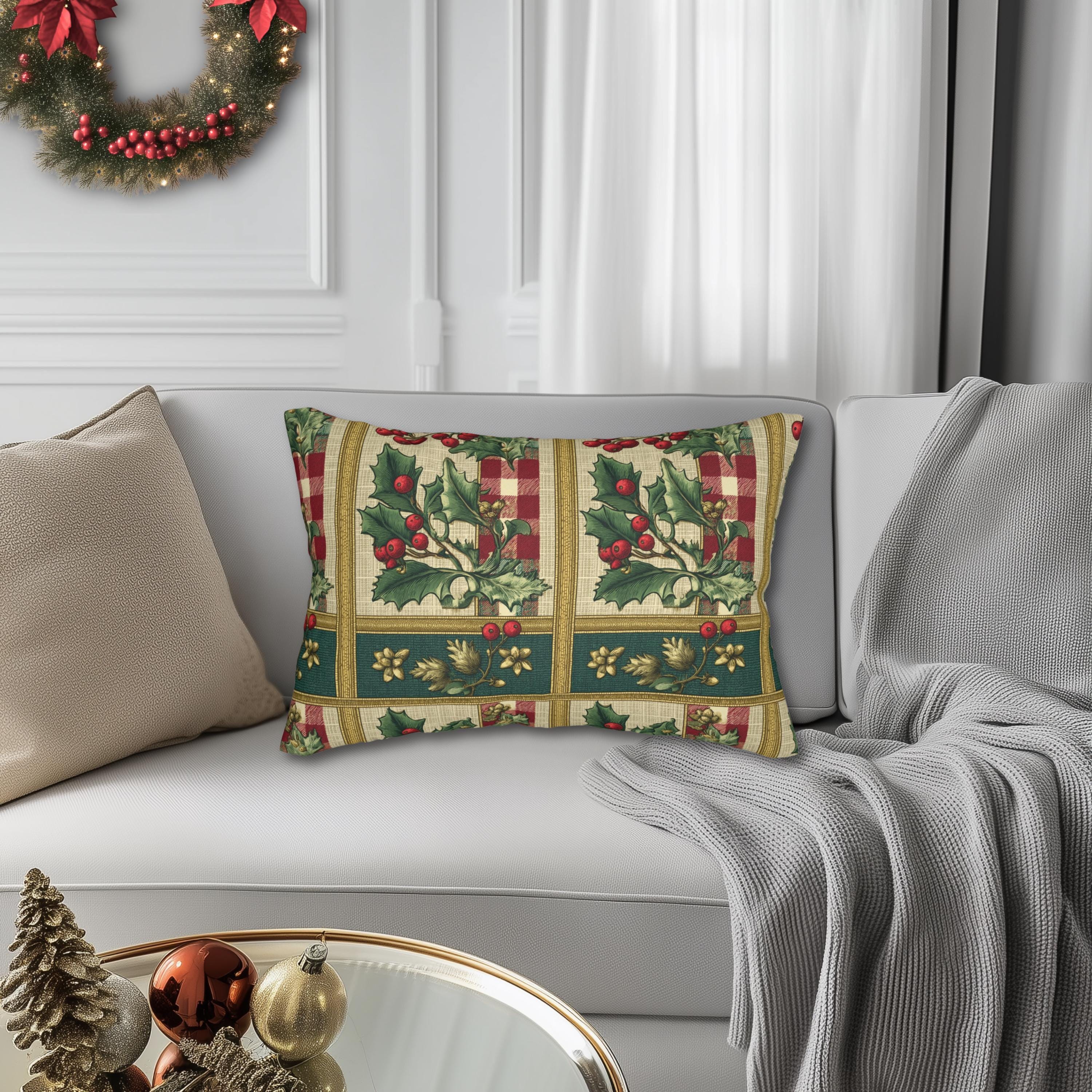Gingham & Holly Christmas Lumbar Pillow:  Classic Vintage Holiday Style with Stripes