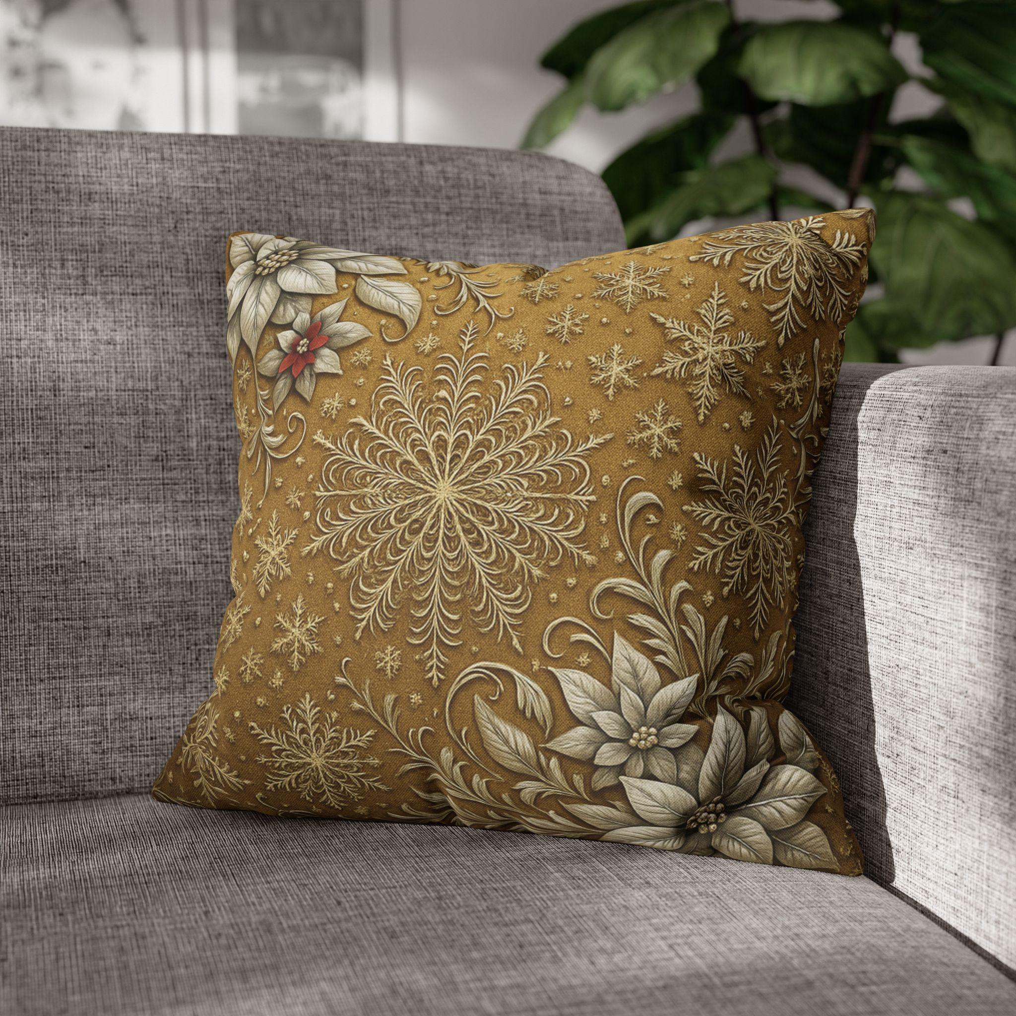 Elegant Vintage Inspired Pillow Cover: Silver Poinsettia and Snowflakes on a Rich Golden Background
