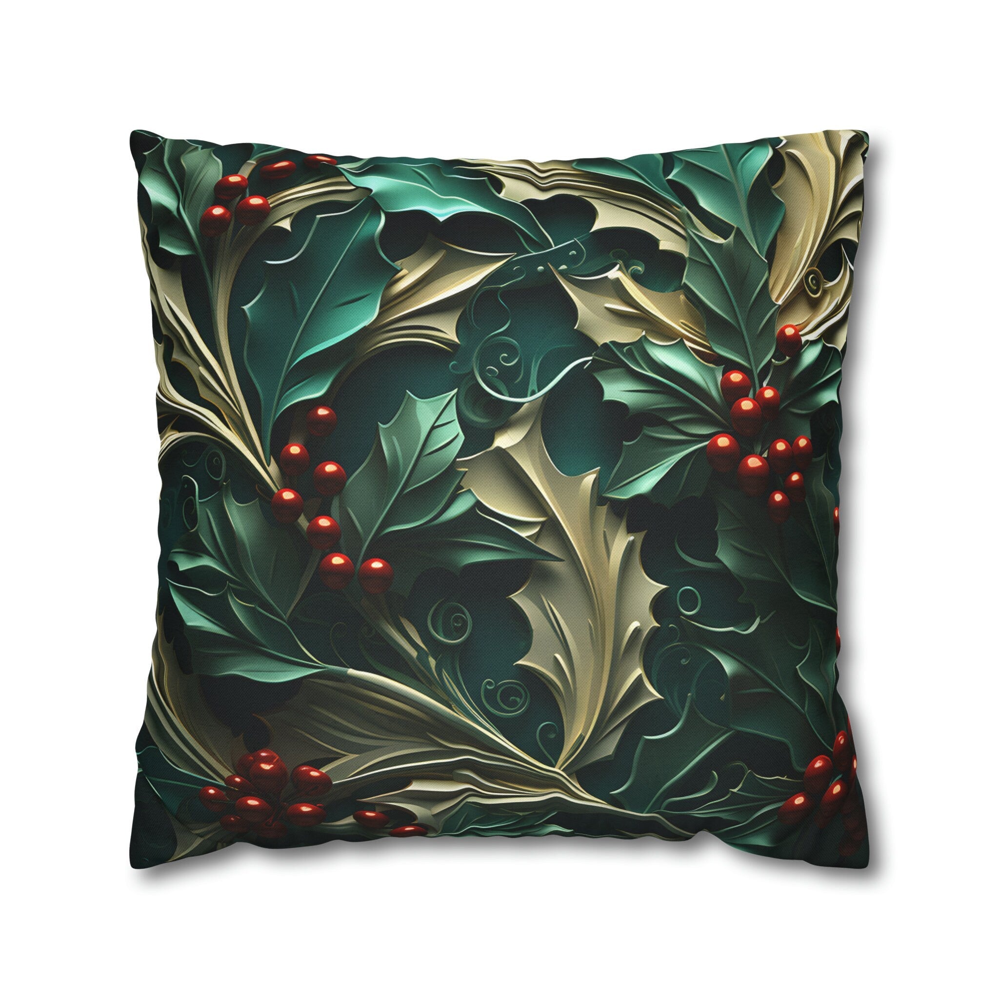 Holly Berry Christmas Pillow Cover: Deep Green & Red Holiday Decor