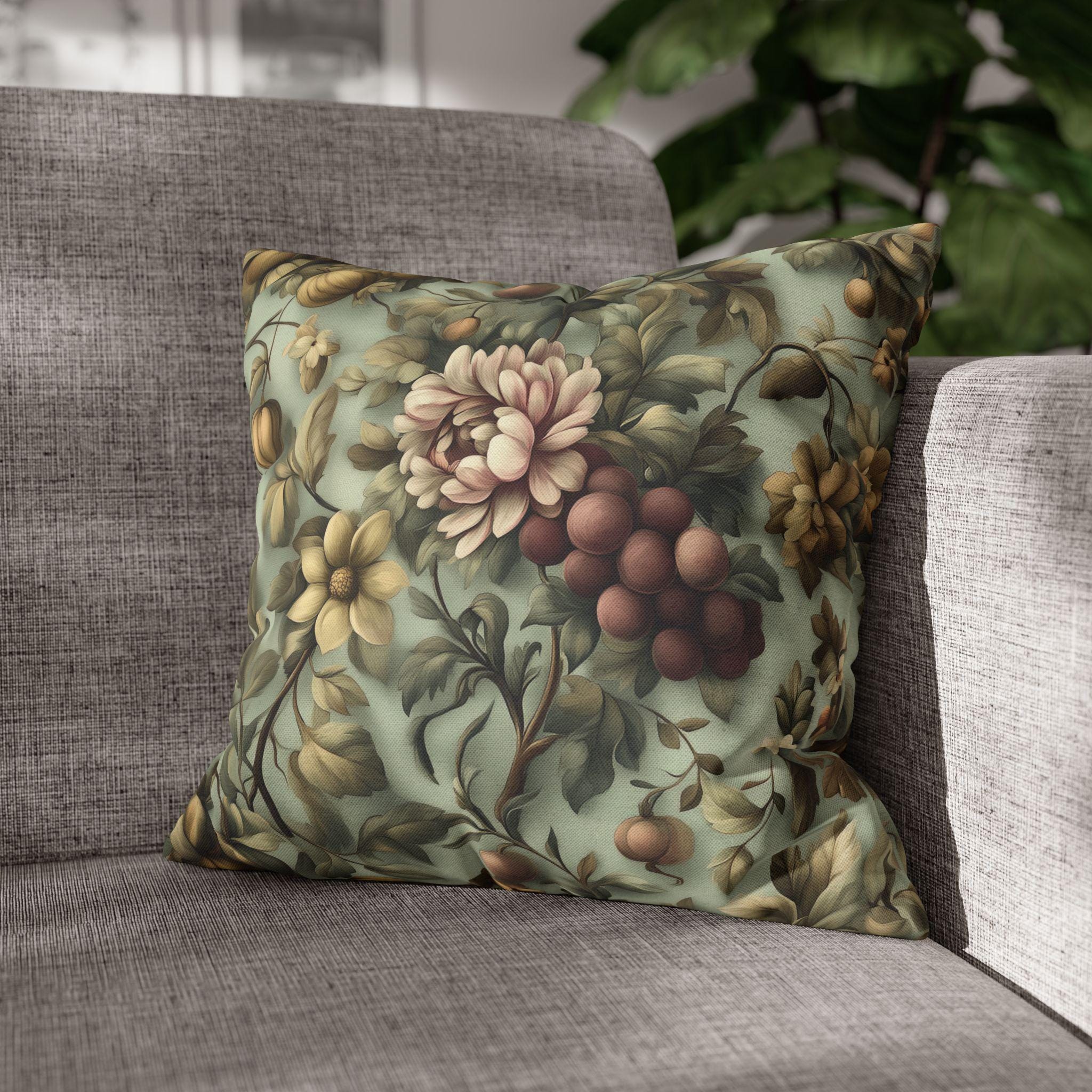 William Morris Inspired Autumn Floral Pillow Cover: Celadon, Fig Purple, Gold Heirloom Design