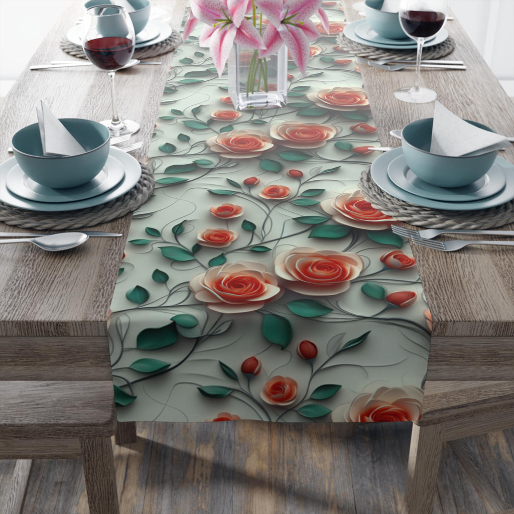 Red Coral Rose Table Runner: Romantic Floral Dining Decor