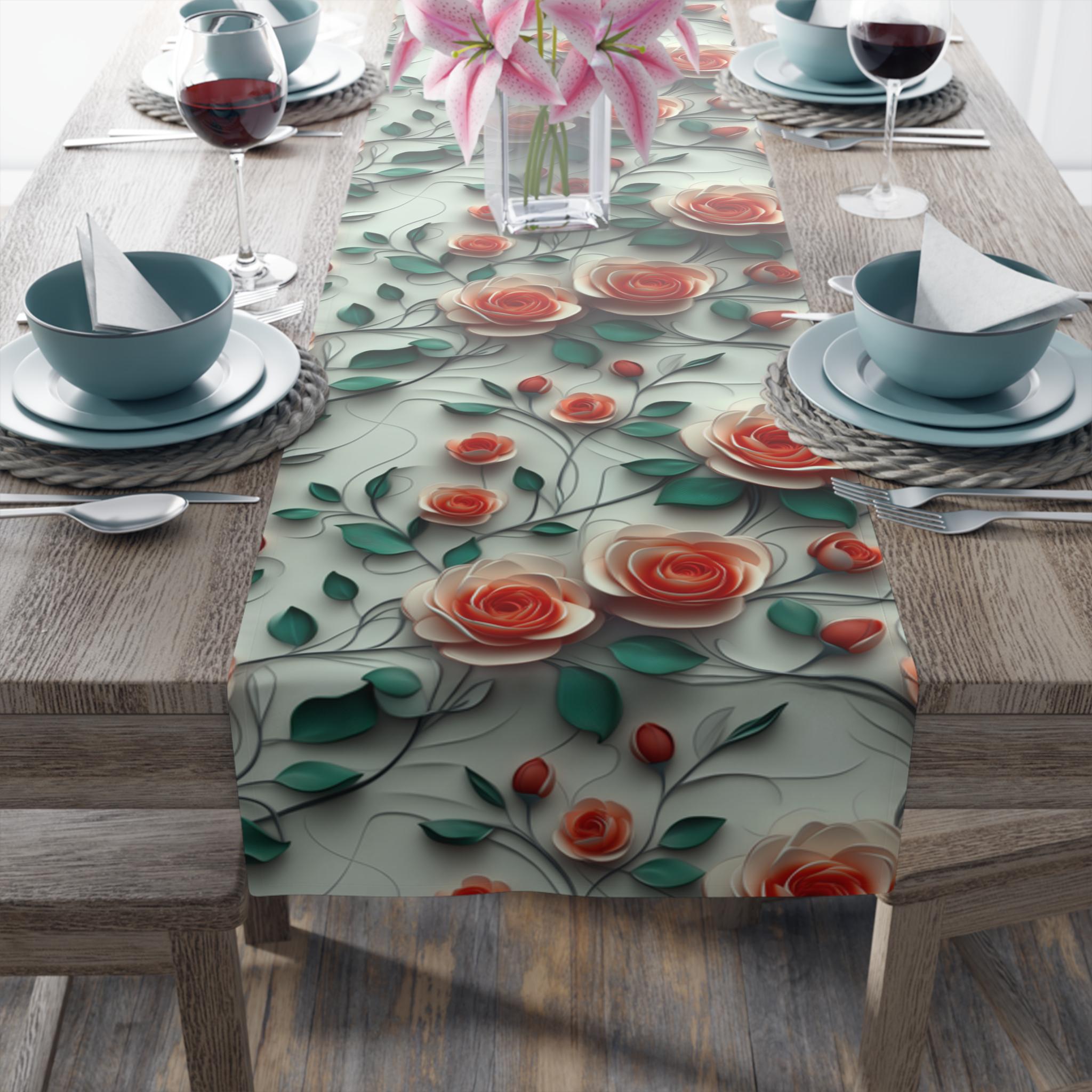 Red Coral Rose Table Runner: Romantic Floral Dining Decor