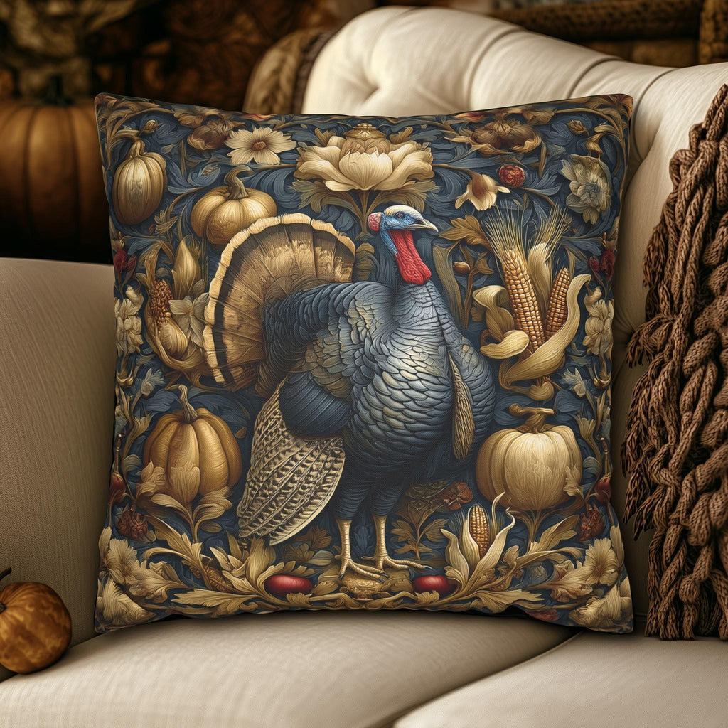 William Morris Autumn Pillow Cover: Botanical Thanksgiving Turkey Decor, Grey-Blue and Gold