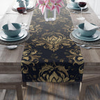 Navy and Gold Damask Table Runner: Elegant Medallion Print Dining Decor