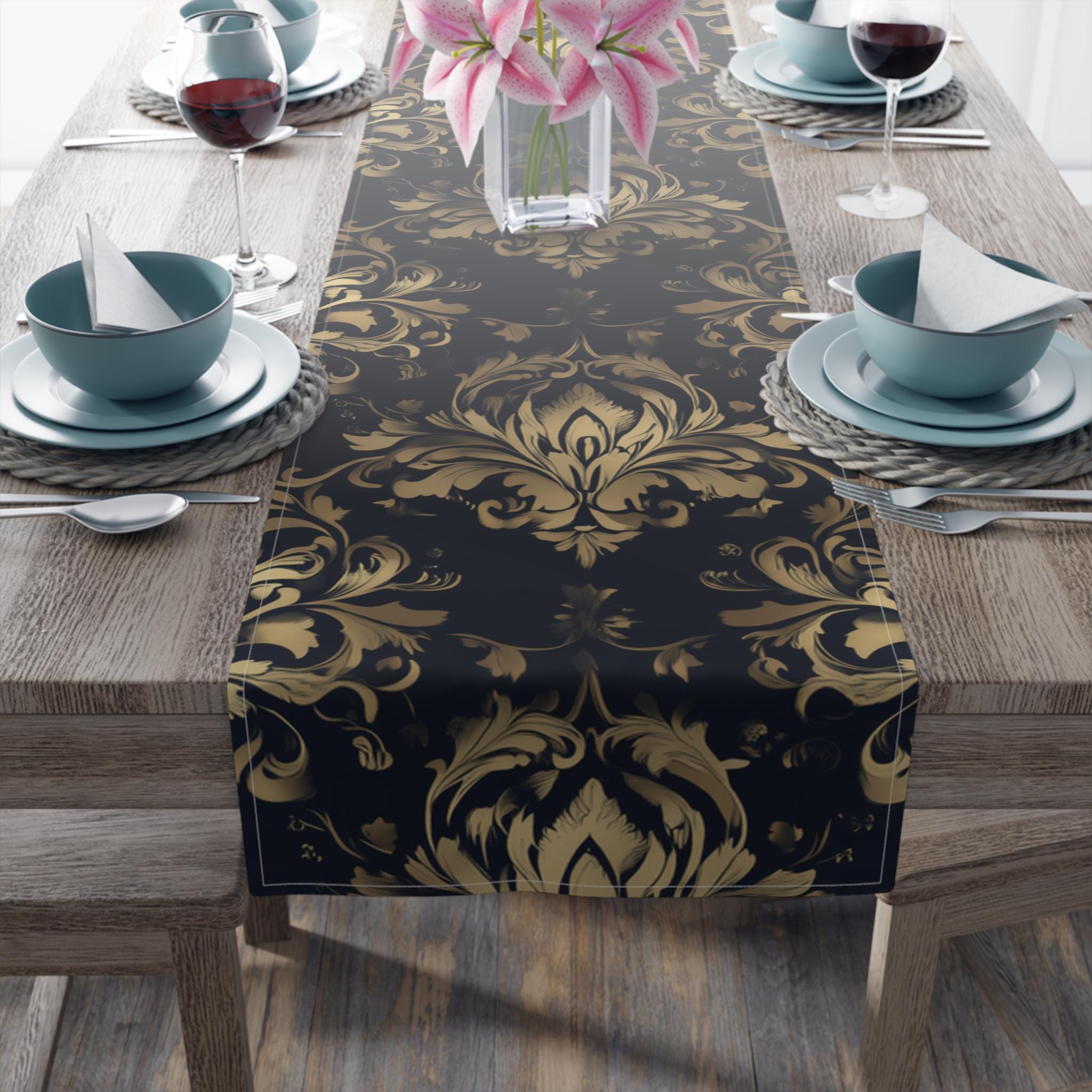 Navy and Gold Damask Table Runner: Elegant Medallion Print Dining Decor