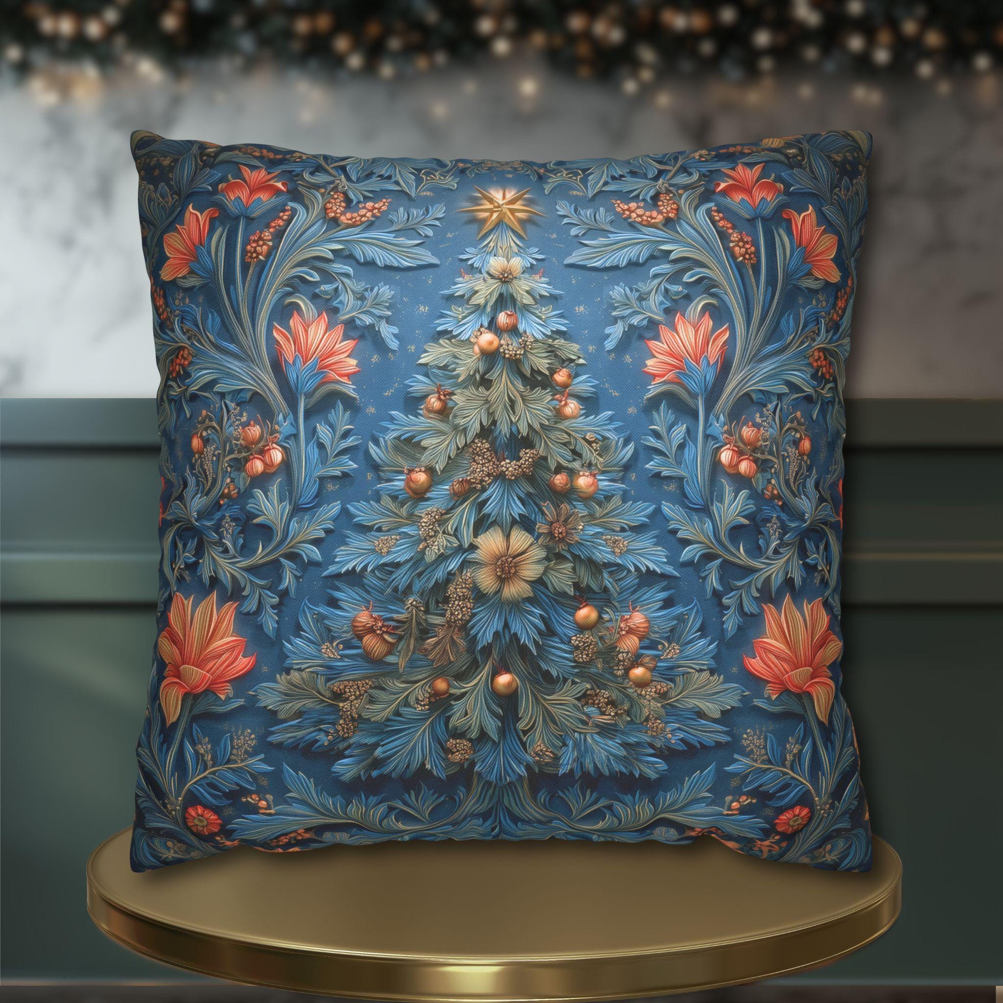 William Morris Inspired Christmas Tree Pillow Cover: Vintage Floral Holiday Design in Navy & Copper