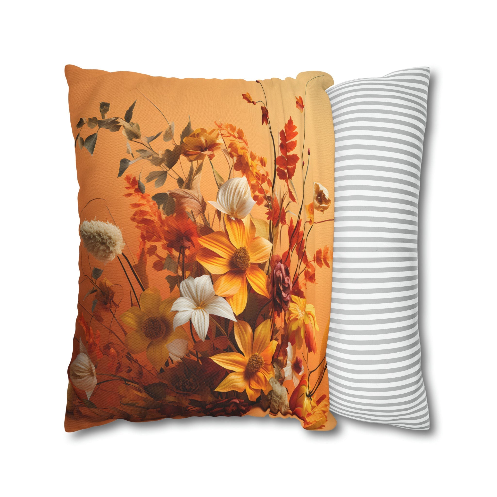 Light Pumpkin Orange Fall-Themed Wildflower Decorative Throw Pillow Cover