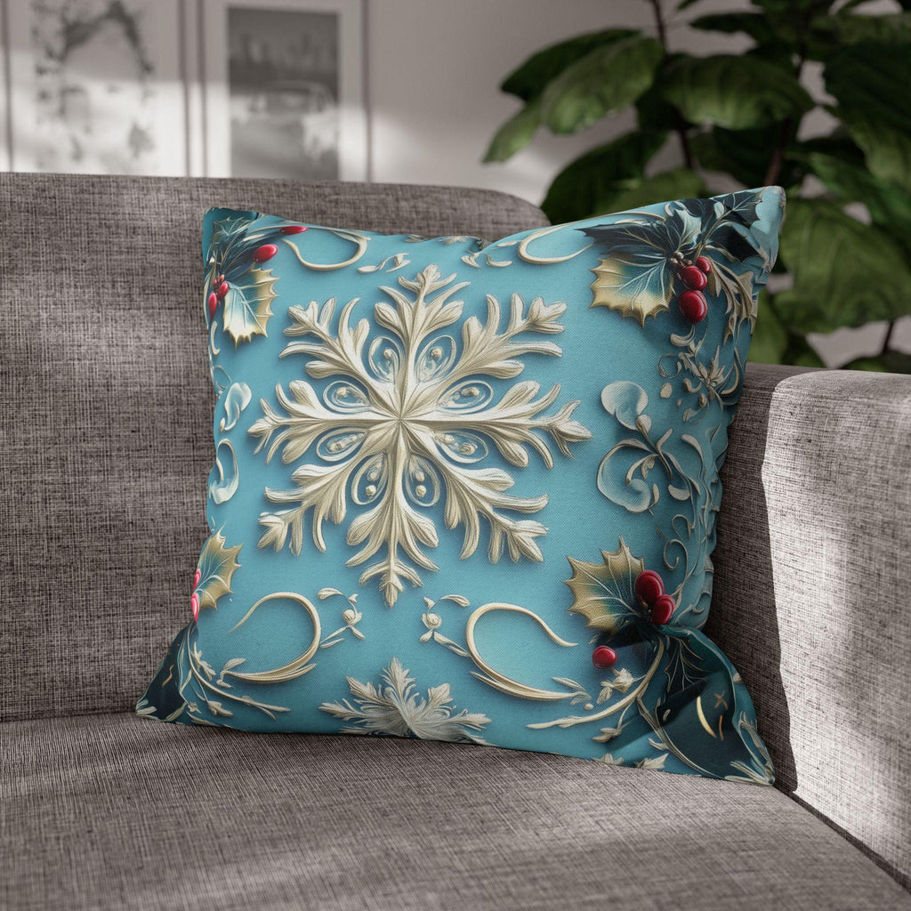 Snowflakes & Blue Christmas Pillow Cover Holly Leaves and Berries Design Gradient Blue Background