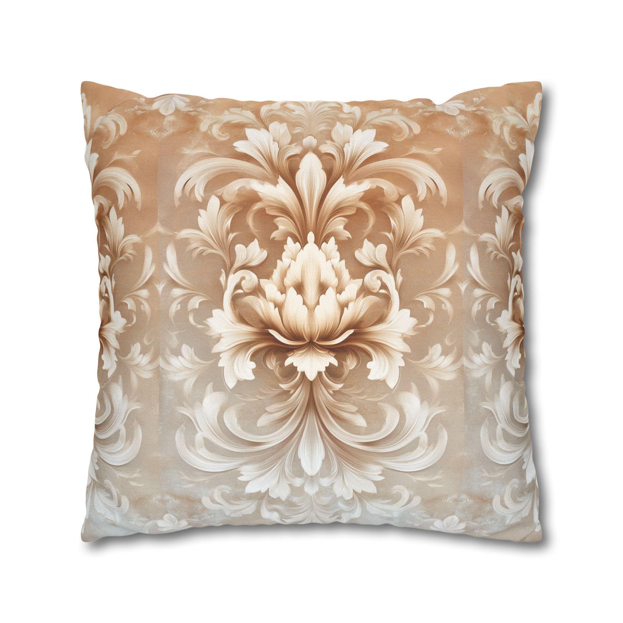 Luxurious Damask Floral Pillowcase: Ivory-Caramel Gradient Scrollwork Design, Elegant Soft Decor Accent