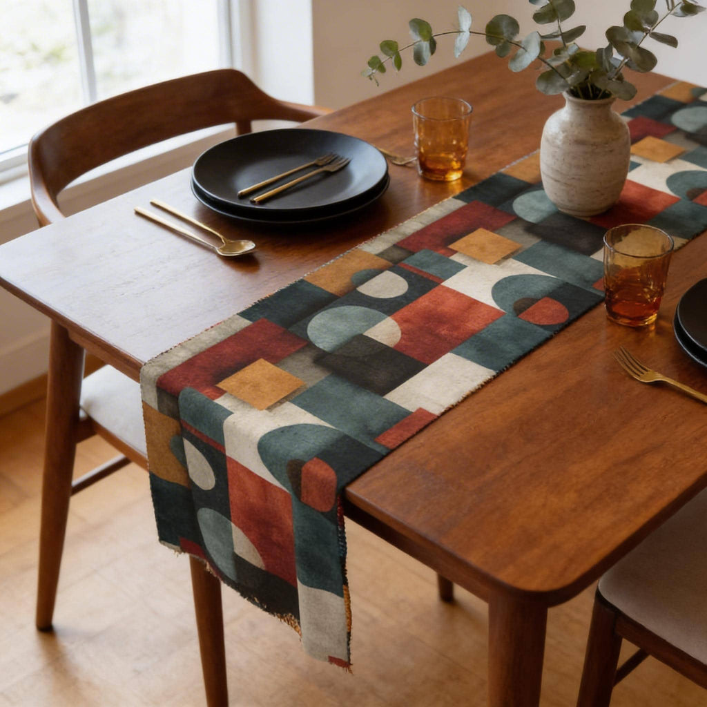 Bauhaus Table Runner: Geometric Mid Century Modern Decor in Teal-Gray, Rust and Cream