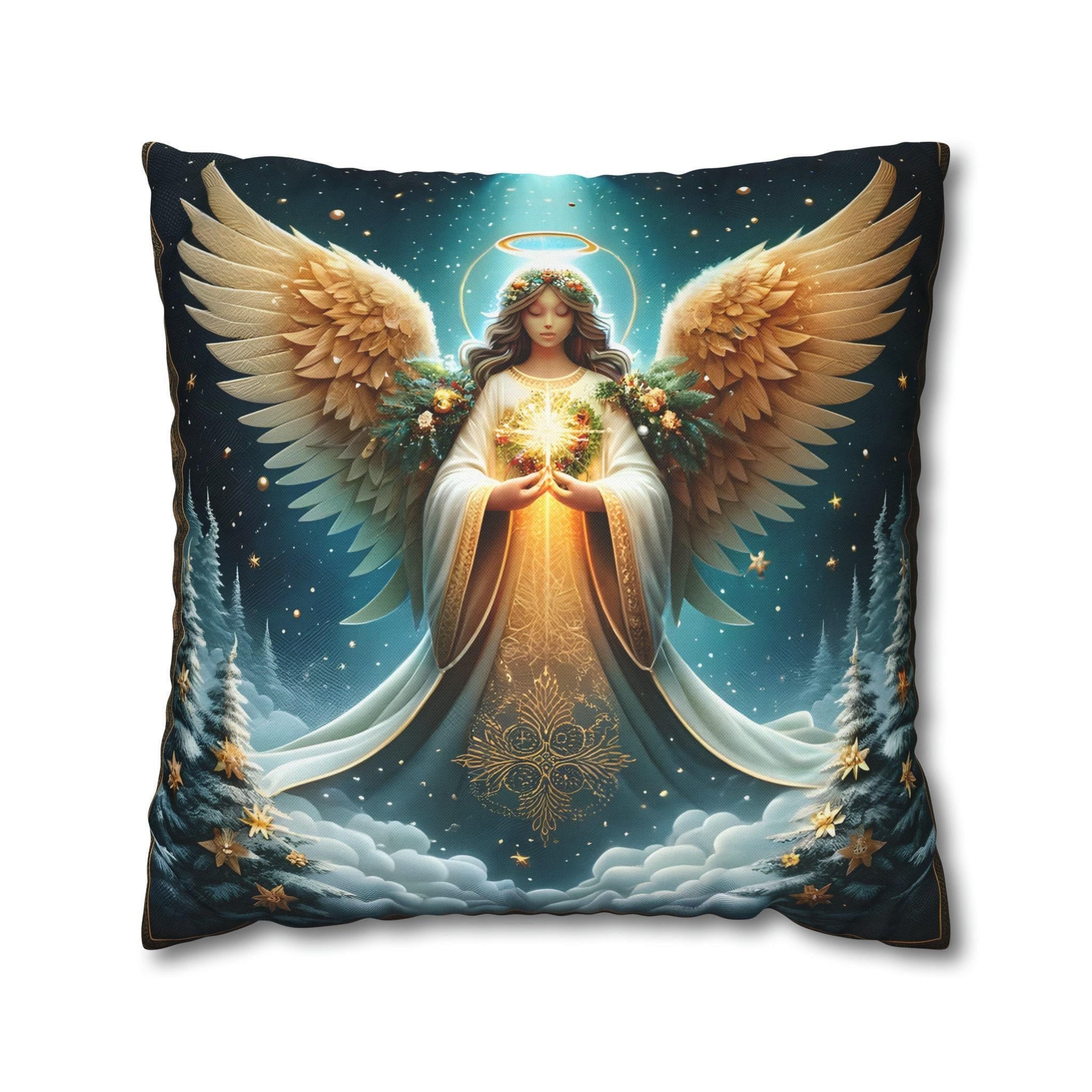 Angelic Christmas Throw Pillow Cover: Midnight Blue Decorative Holiday Cushion with Golden Wings