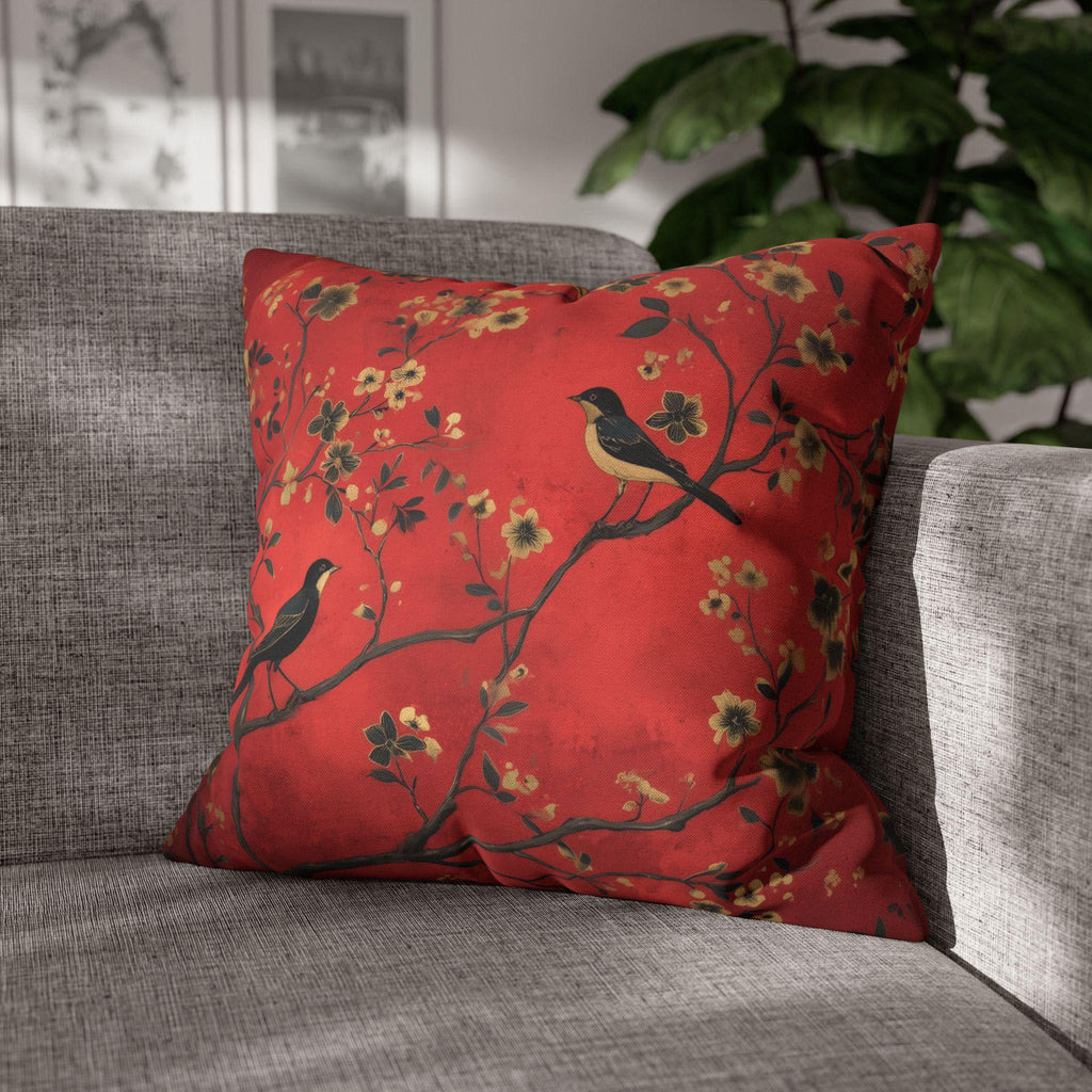 Chinoiserie Bird Pillow Cover: Crimson Floral Accent Cushion