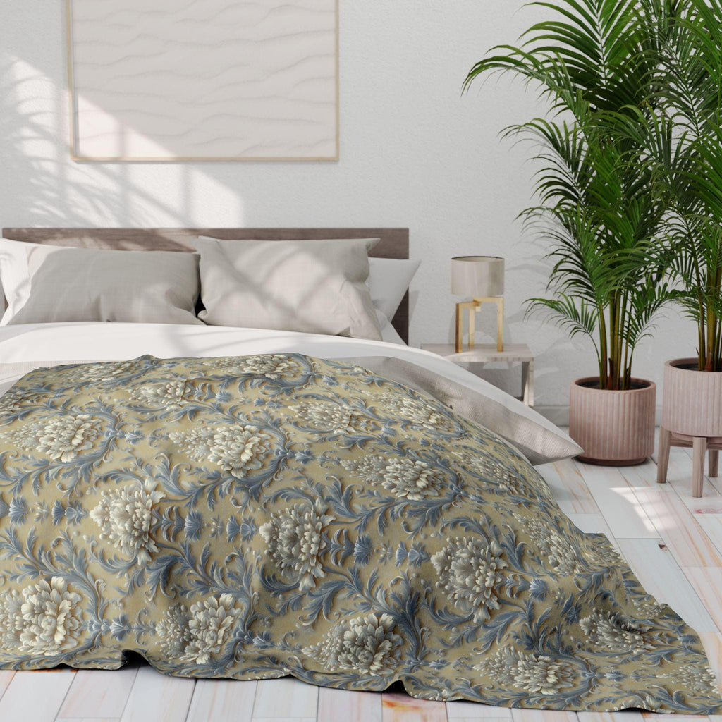 Damask Floral Fleece Throw Blanket: Elegant Pale Gold, Blue & Ivory