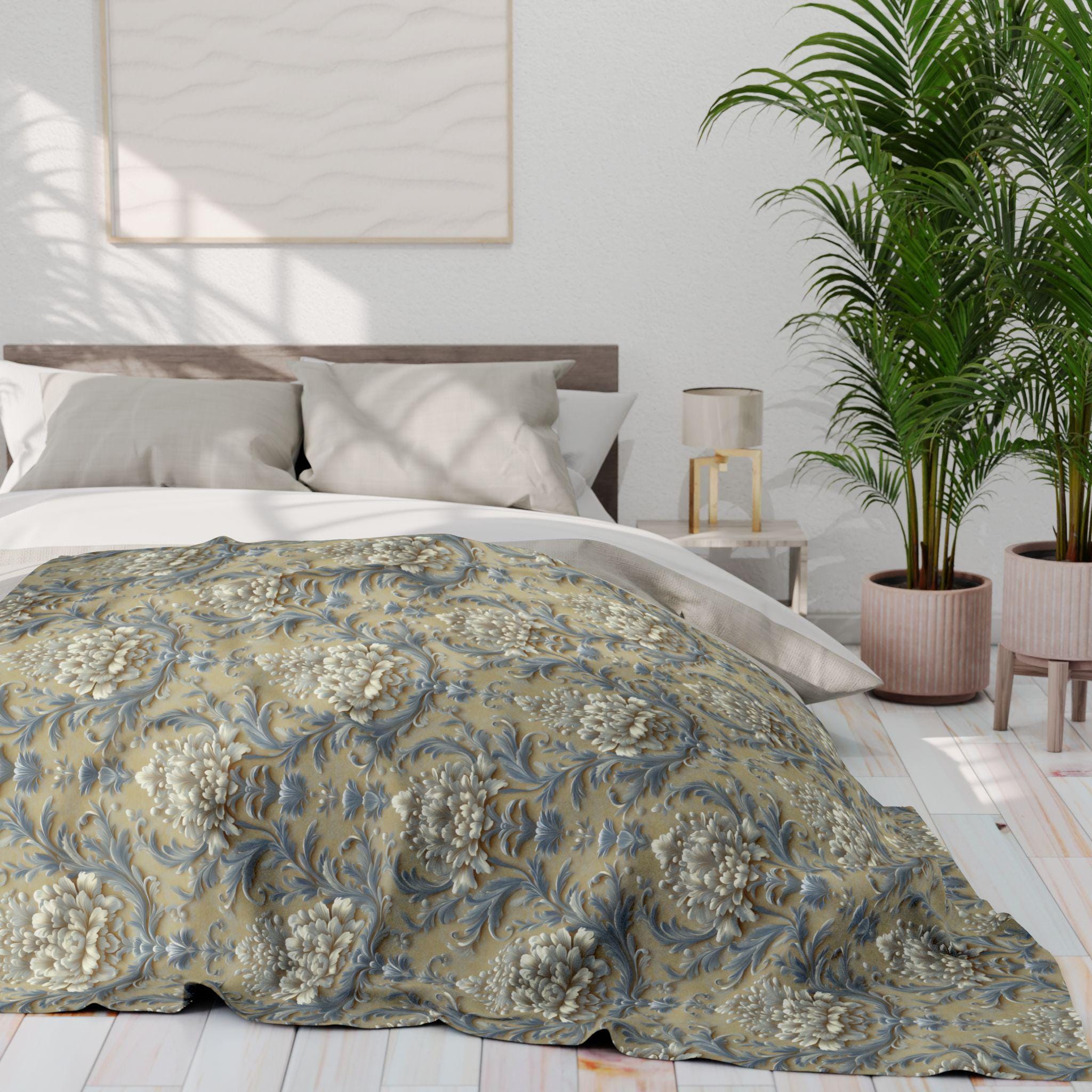 Damask Floral Fleece Throw Blanket: Elegant Pale Gold, Blue & Ivory