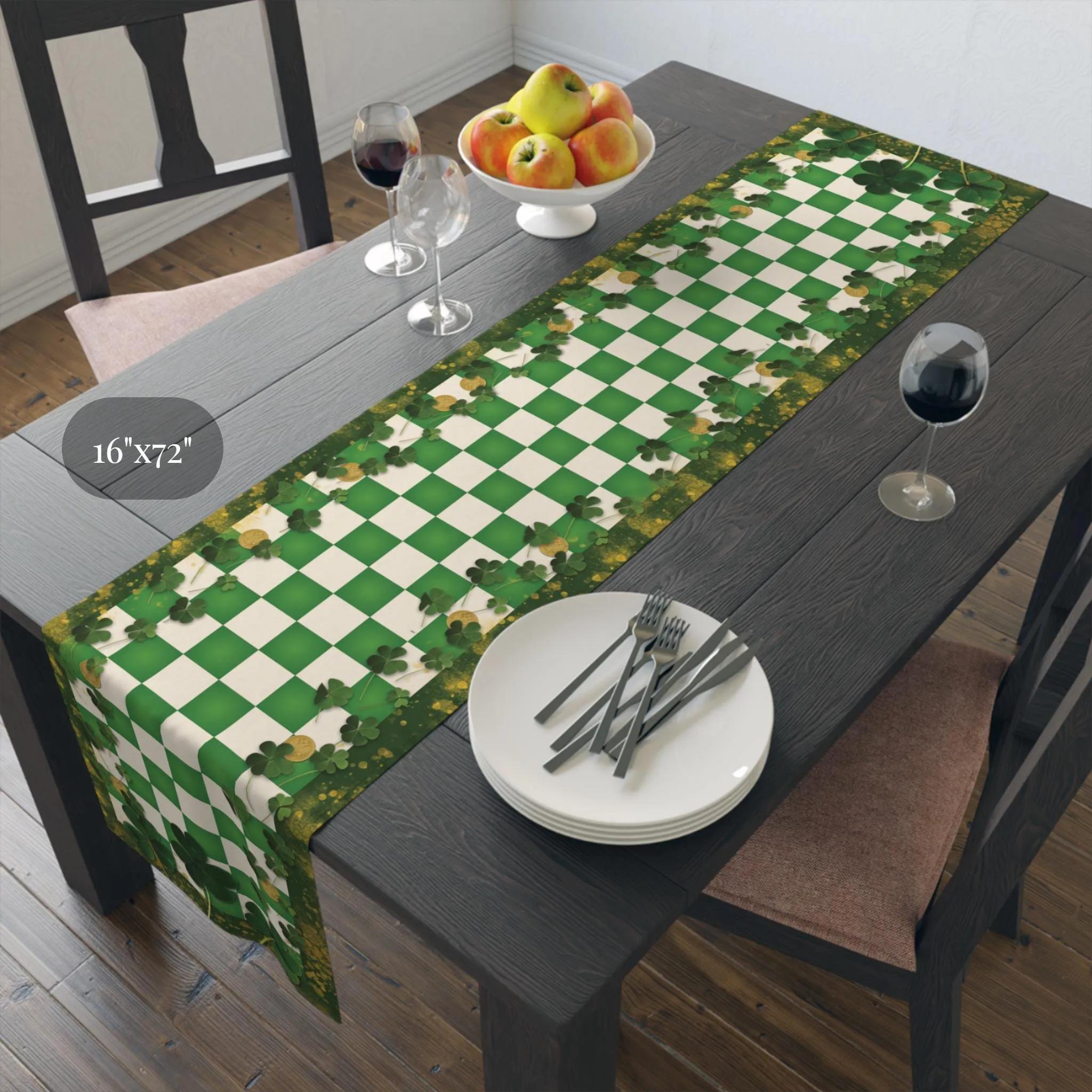 St Patricks Day Shamrock & Gold Coin Checkered Table Runner