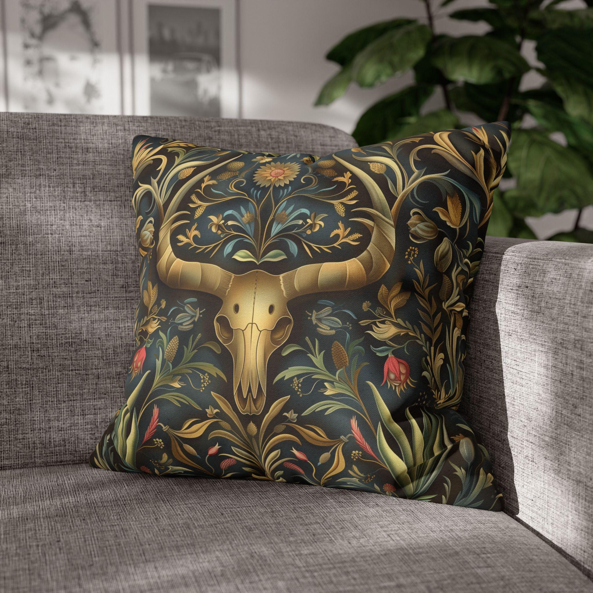 Southwest Floral Skull Pillow: William Morris Inspired Western Decor, Botanical Horned Cushion Cover