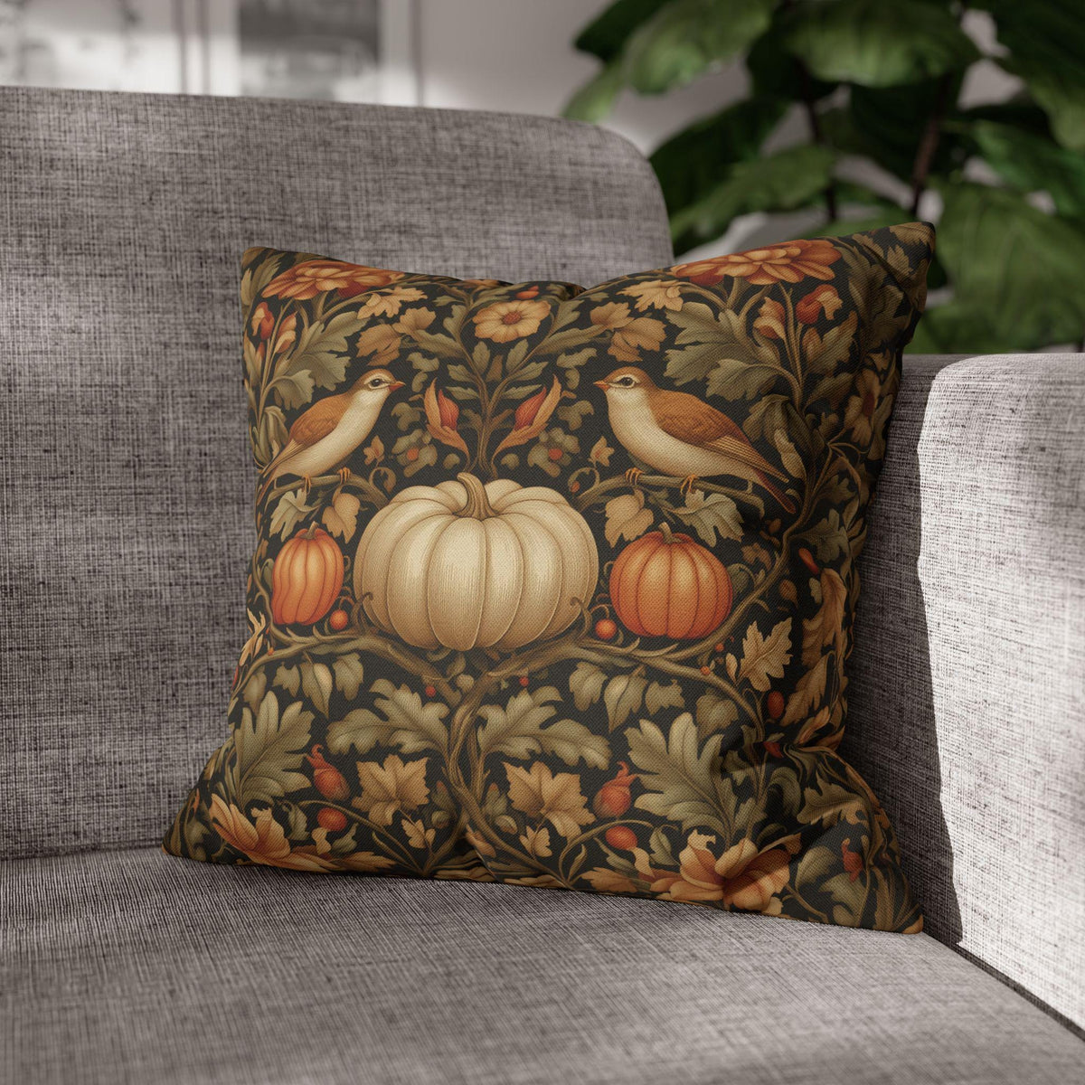 Pumpkin Thief Pillow Cover: William Morris Inspired Autumn Botanical Birds