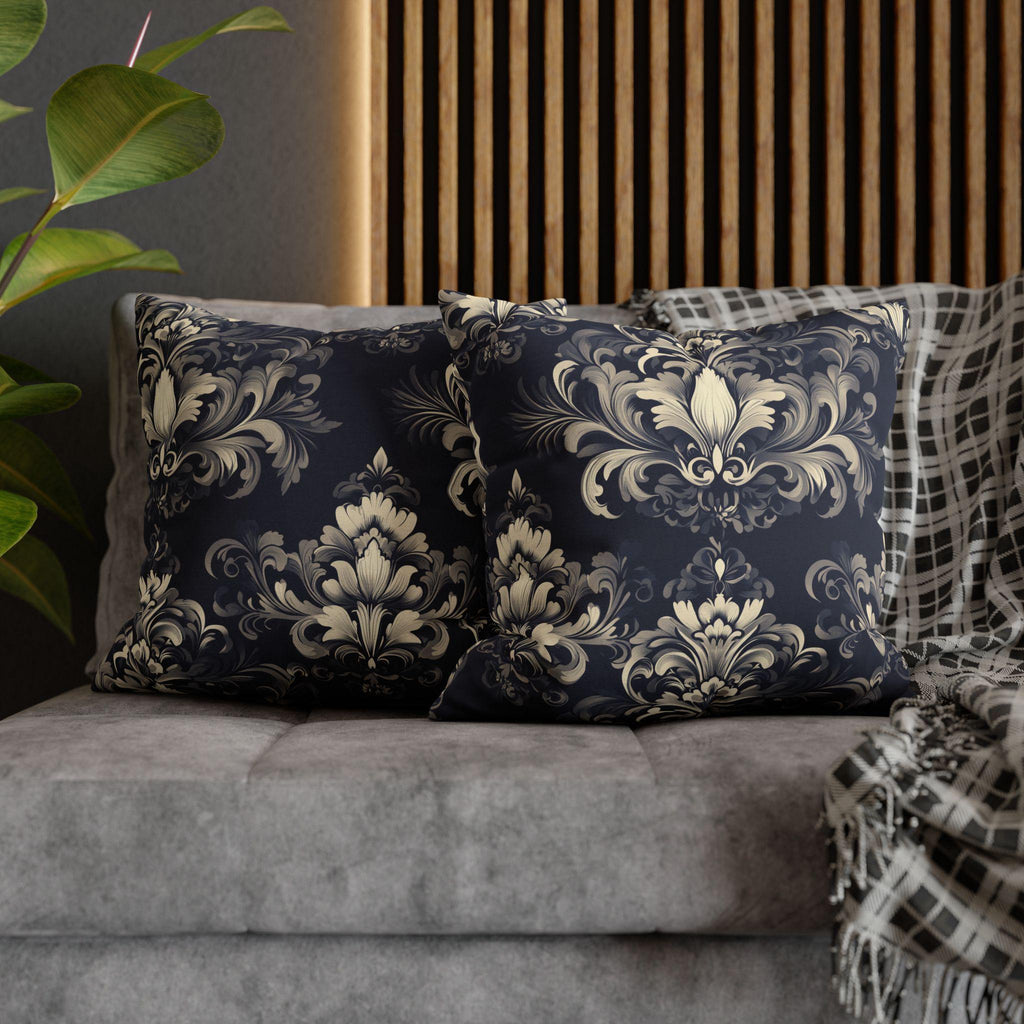 Damask Inspired Pillow Cover, Opulent Floral Scroll Motif, Luxury Ivory & Blue Square Pillowcase