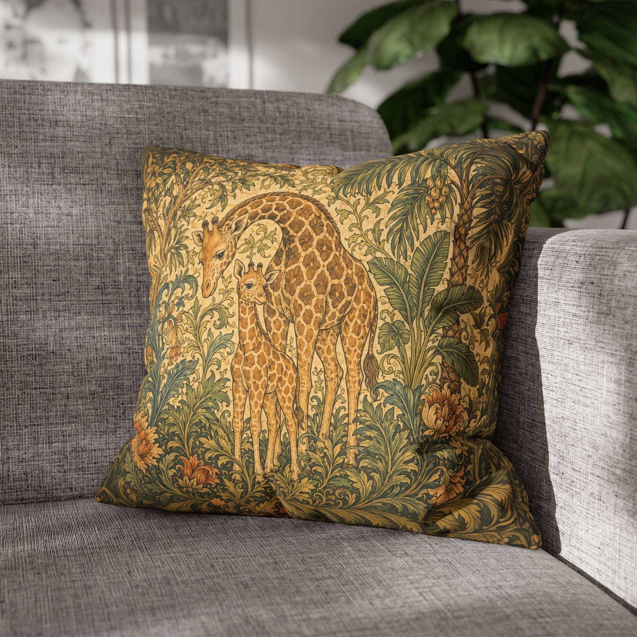 William Morris Style Throw Pillow Cover:  Giraffe Jungle Botanical Design