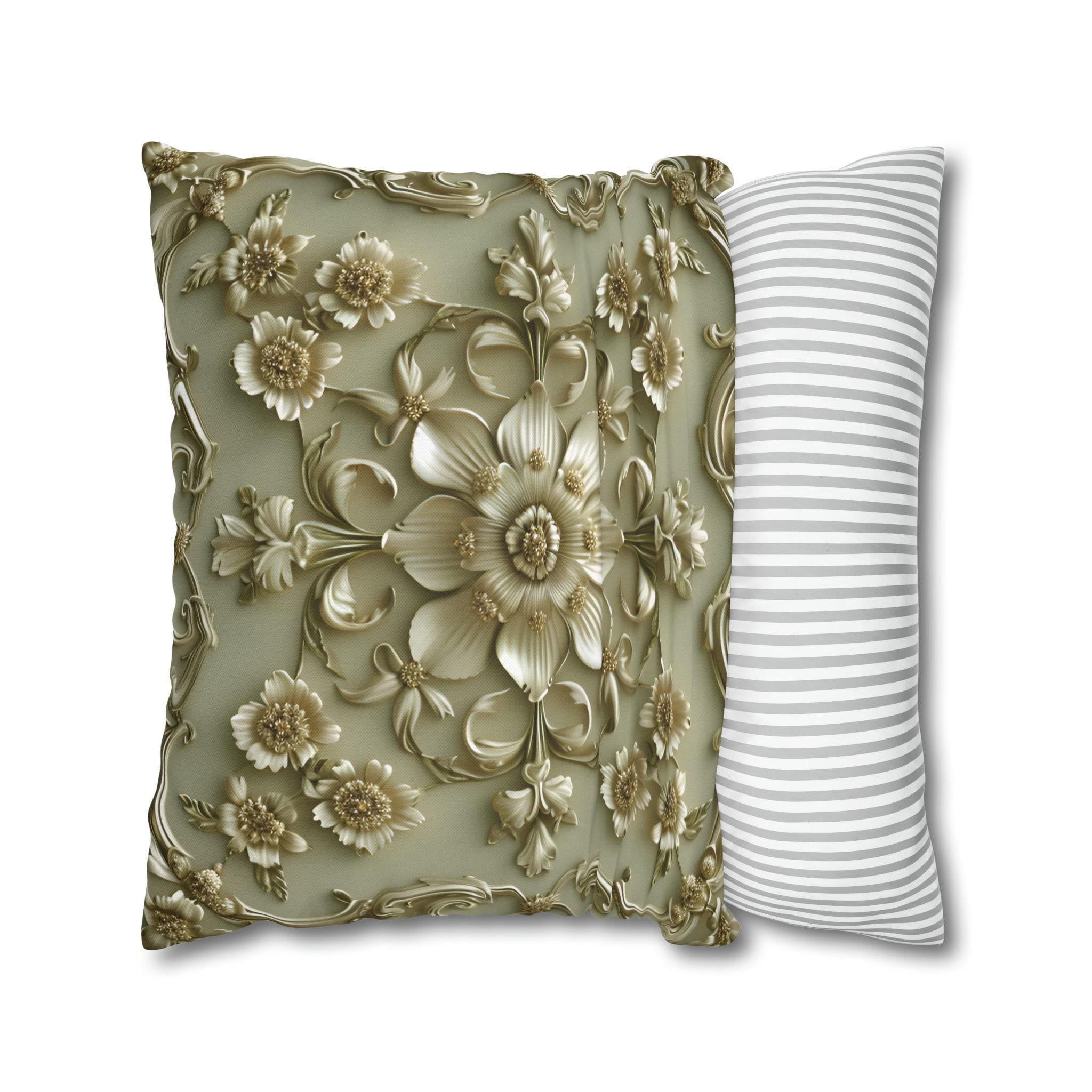 French Floral Pillow Cover: Sage Green & Gold Bloom Cushion