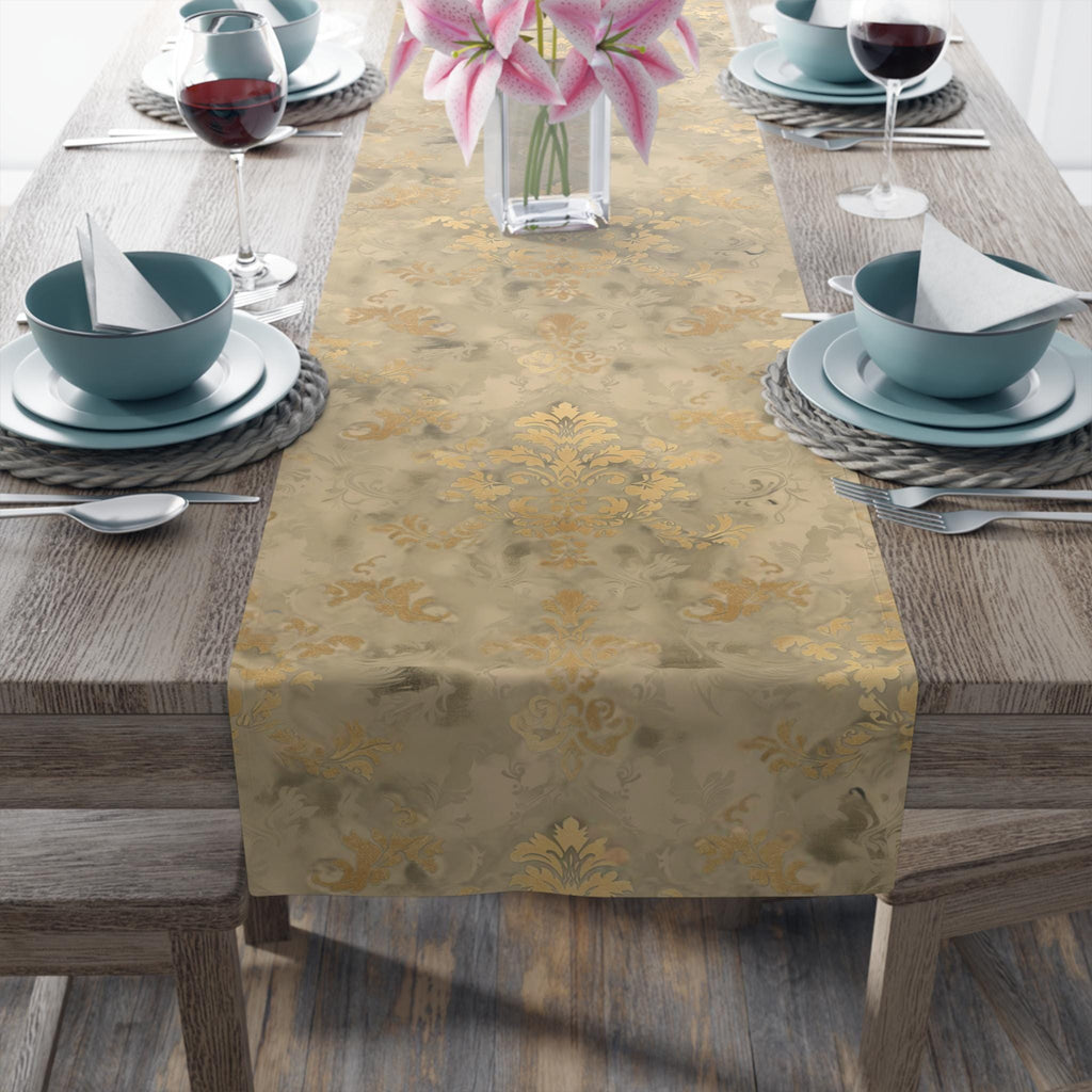 Classic Damask Pattern Table Runner: Soft Antique-Gold and Champagne-Beige