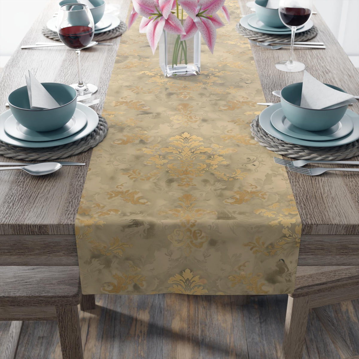 Classic Damask Pattern Table Runner: Soft Antique-Gold and Champagne-Beige