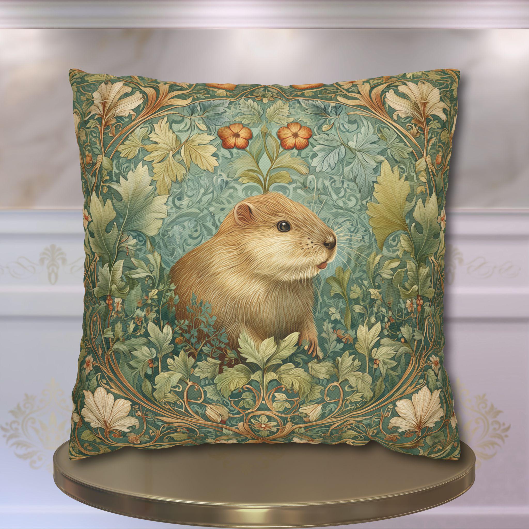 William Morris Inspired Beaver Pillow Cover: Woodland Cushion with Botanical Frame and Earthy Design