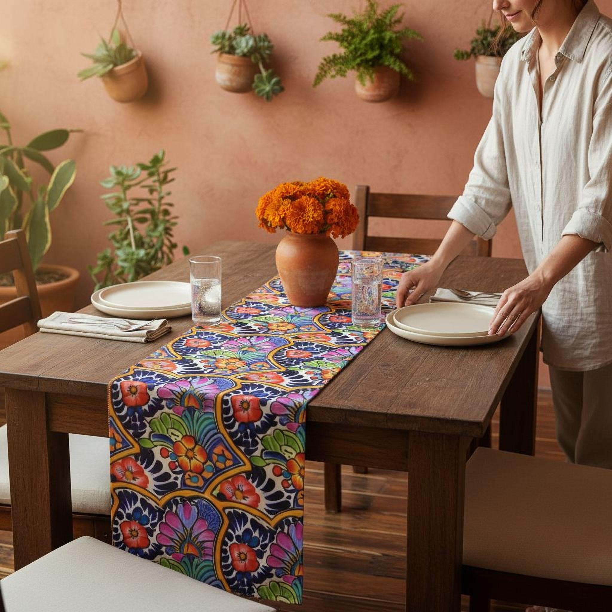 Mexican Table Runner: Inspired by Colorful Talavera  Floral Folk Art Decor