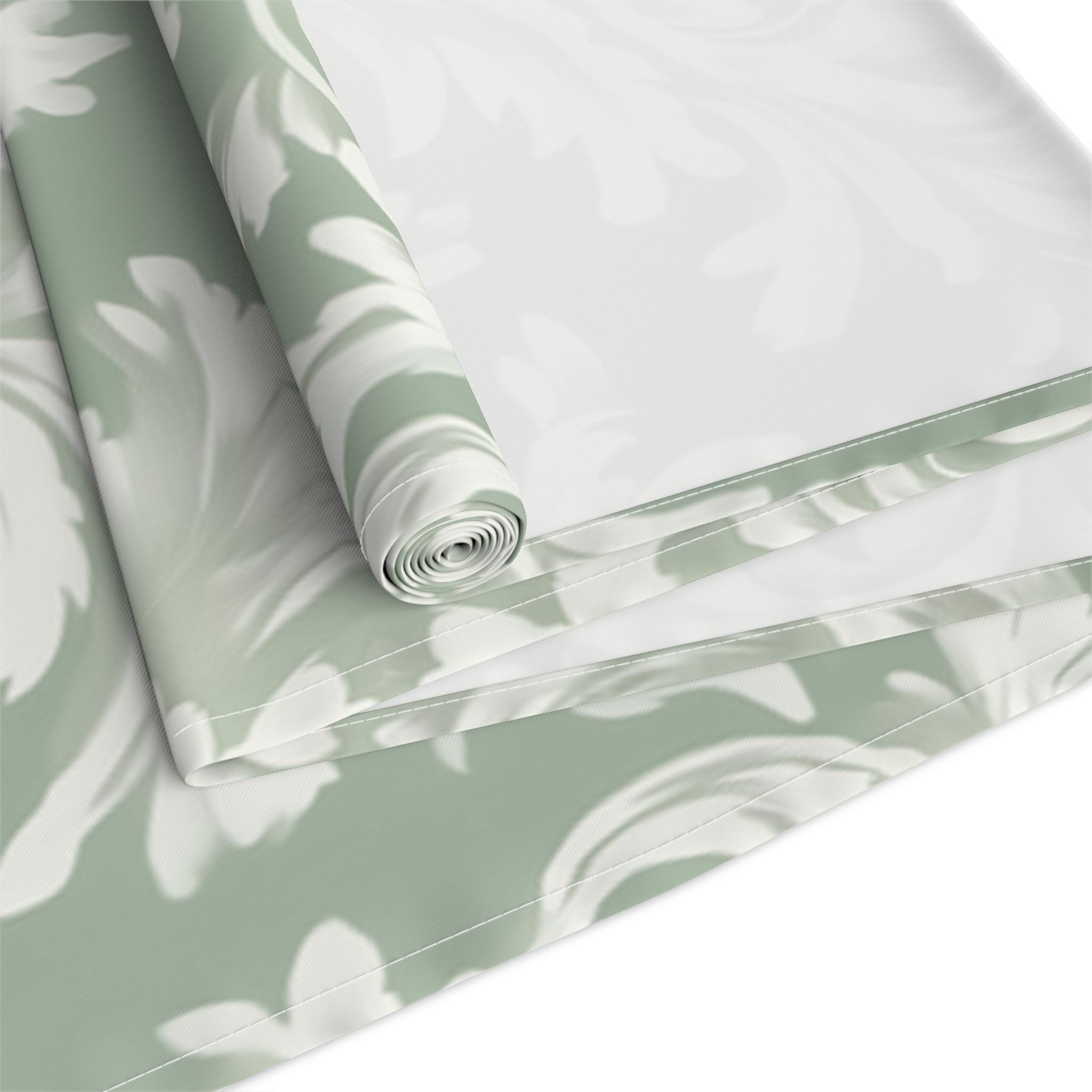 Elegant Muted Green Damask Table Runner: Timeless Floral Design for Weddings, Dining & Home Decor
