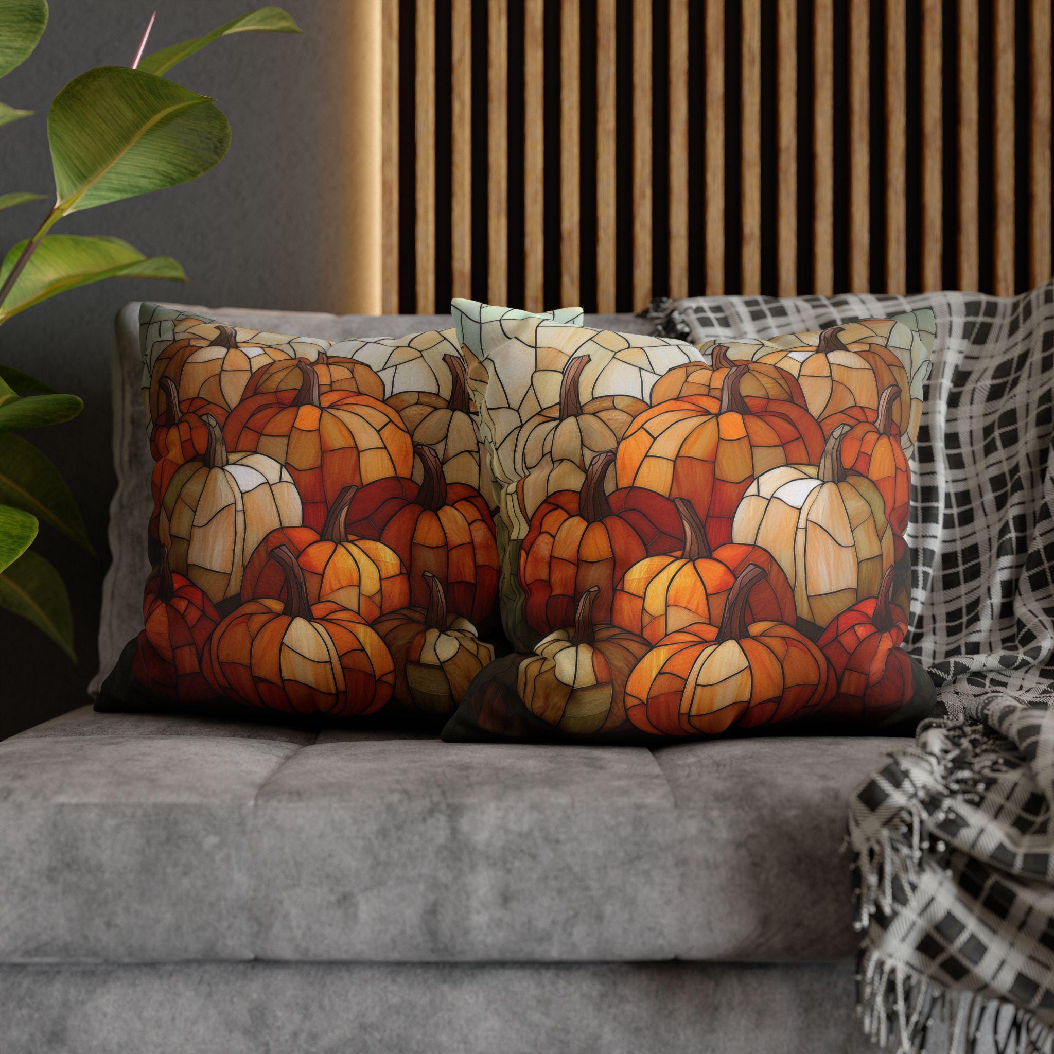Pumpkin Mosaic Pillow Cover, Fall Decor, Stained Glass Effect