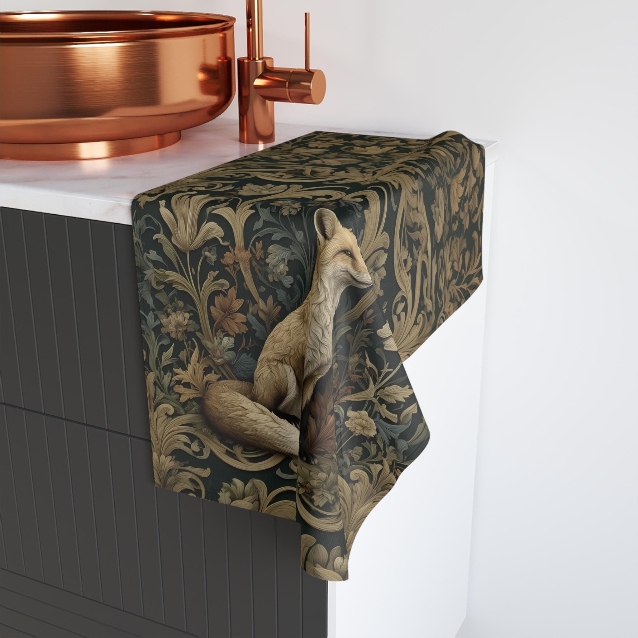 William Morris Fox Hand Towel: Dark Woodland Botanical Arts & Crafts Decor