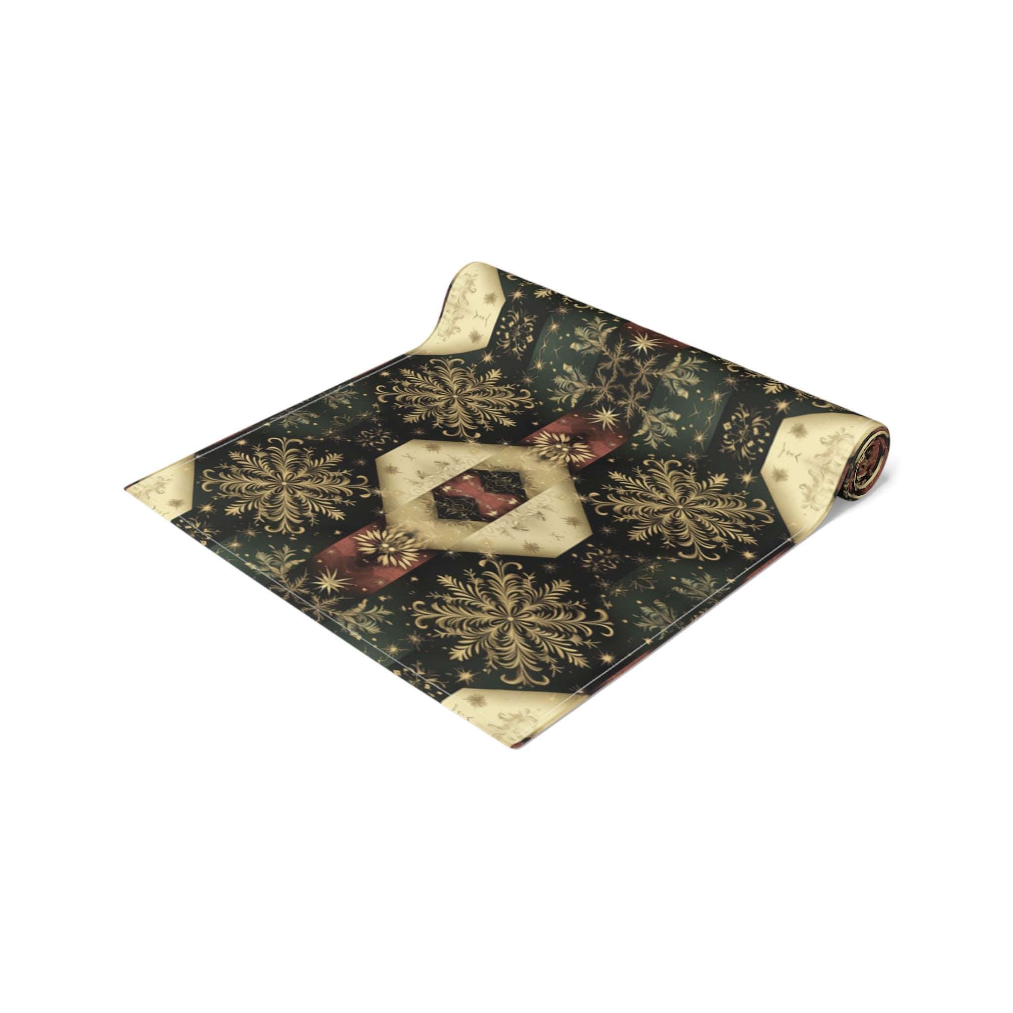 Festive Gold Snowflake Table Runner: Elegant Christmas Dining Decor in Green, Charcoal & Red
