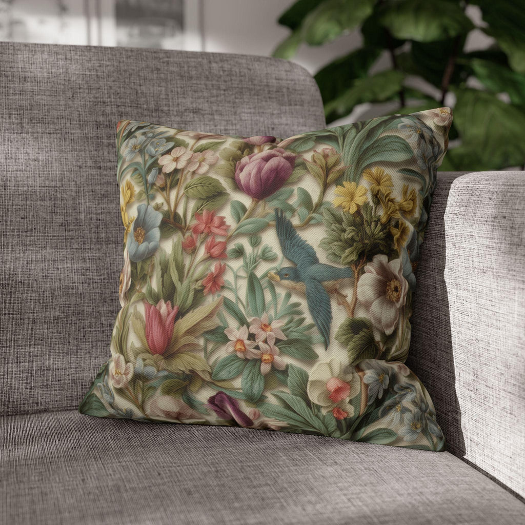 Stylized Botanical Pillow Cover: Floral & Songbird Garden in Soft Pastels