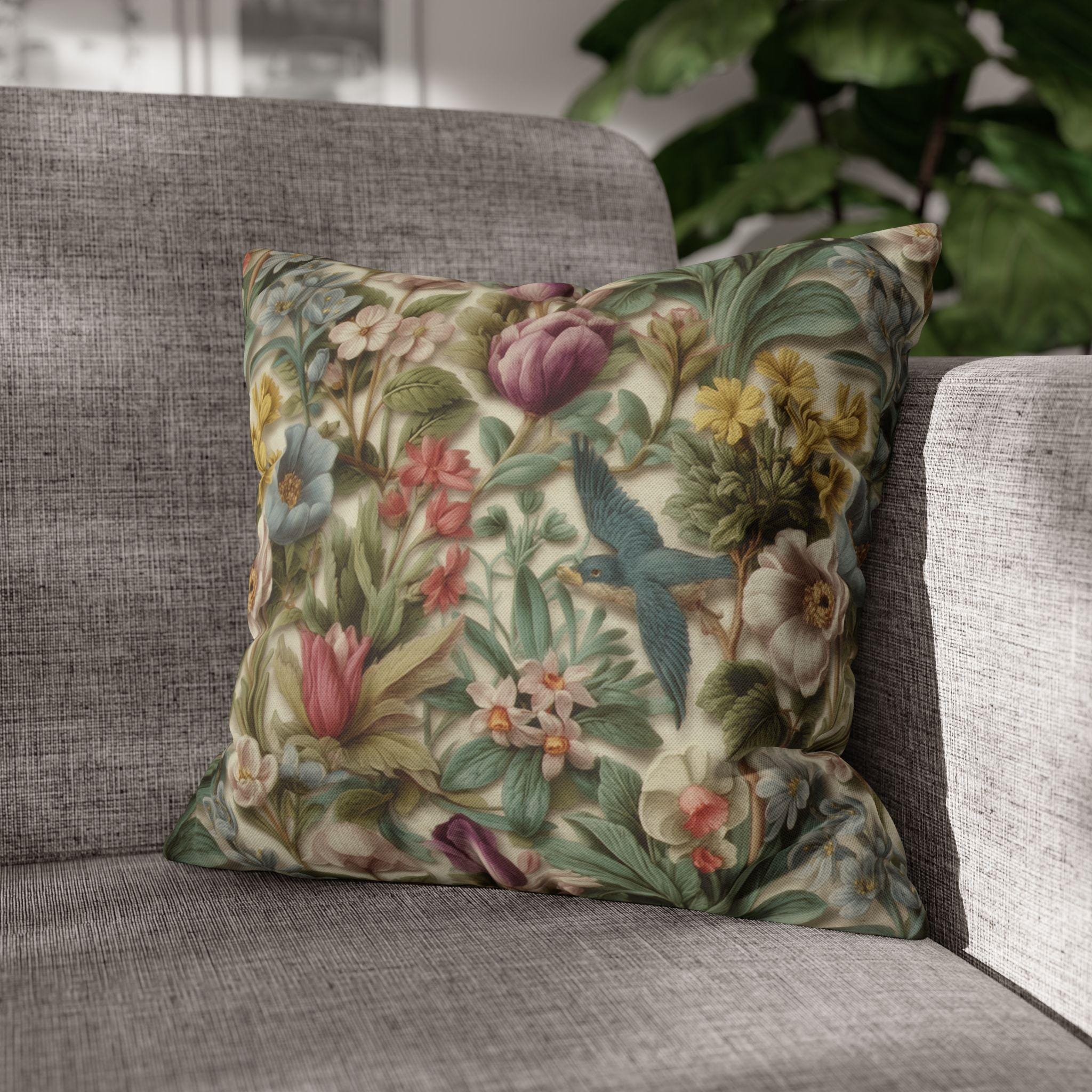 Stylized Botanical Pillow Cover: Floral & Songbird Garden in Soft Pastels