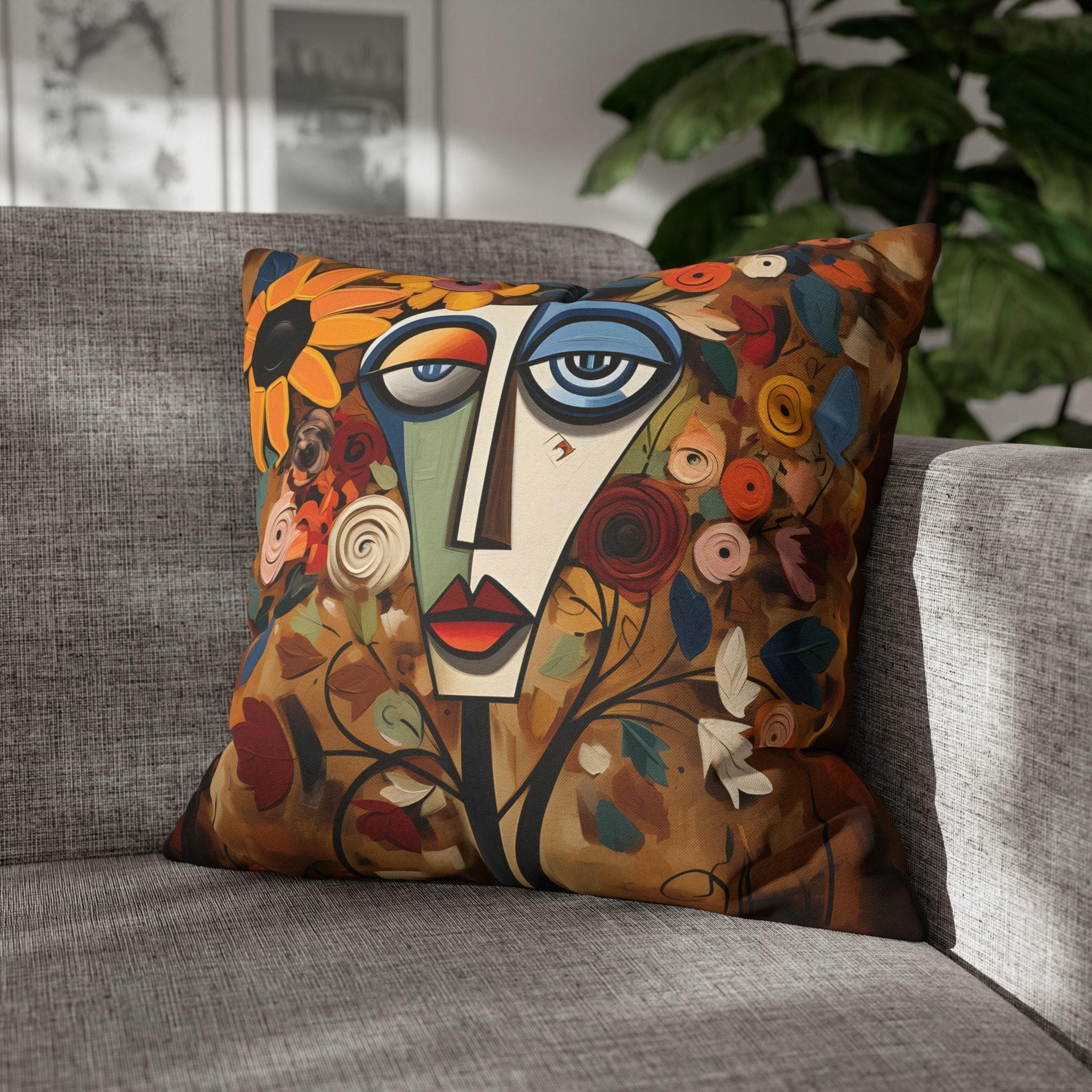 Cubist Wildflower Throw Pillow Cover: Picasso-Inspired Geometric Face Art in Autumn Hues