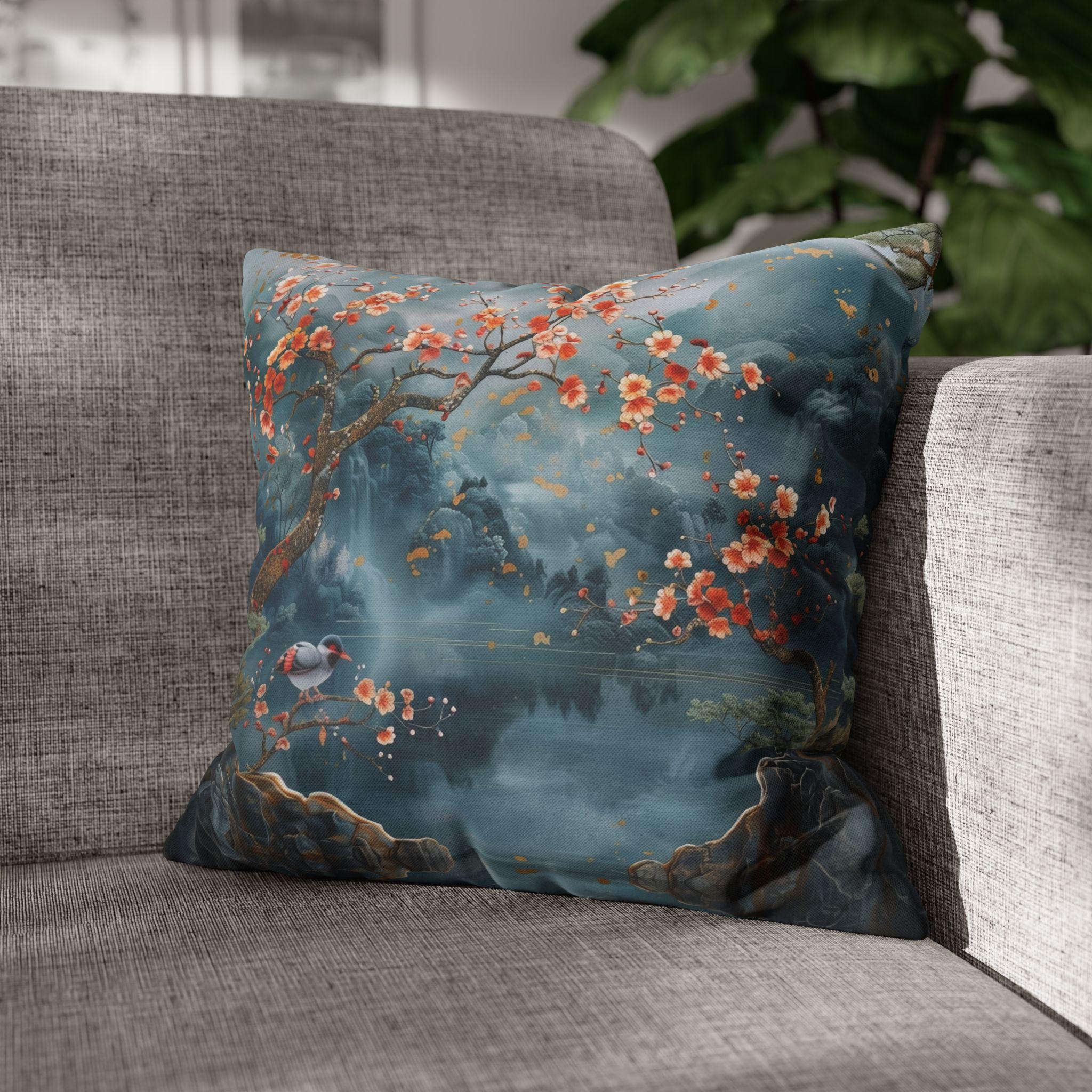 Chinoiserie Watercolor Pillow Cover: Misty Mountain Landscape with Blossoms and Bird Scene