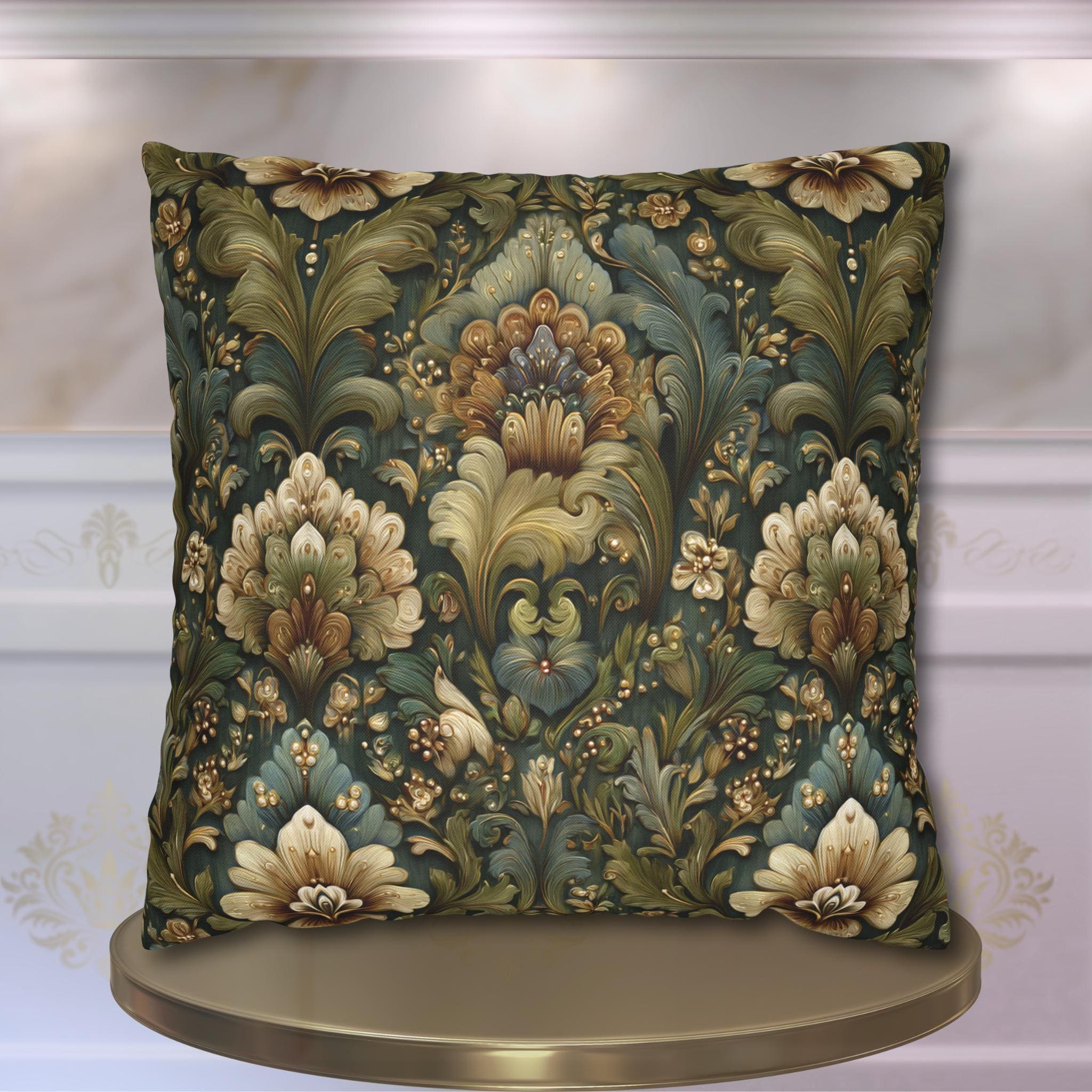 Botanical Damask Throw Pillow Cover: Moody Sage, Teal and Cream Floral