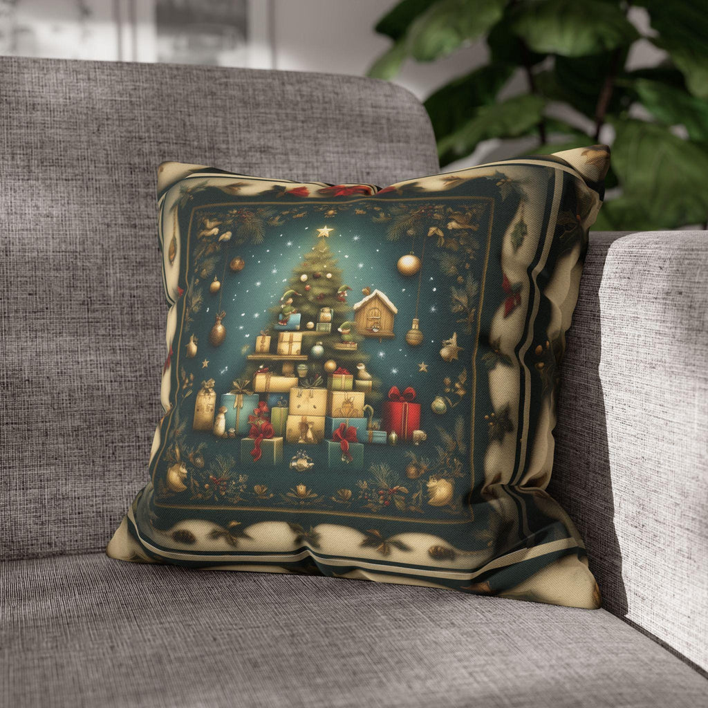 Vintage Style Holiday Pillow Cover: Storybook Christmas Tree & Gifts Design
