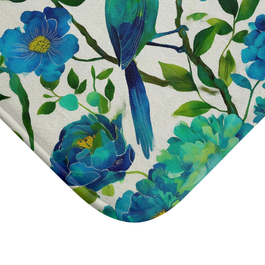 Elegant Chinoiserie Bath Mat: Blue-Green Bird & Floral Design for Stylish Bathroom Accent