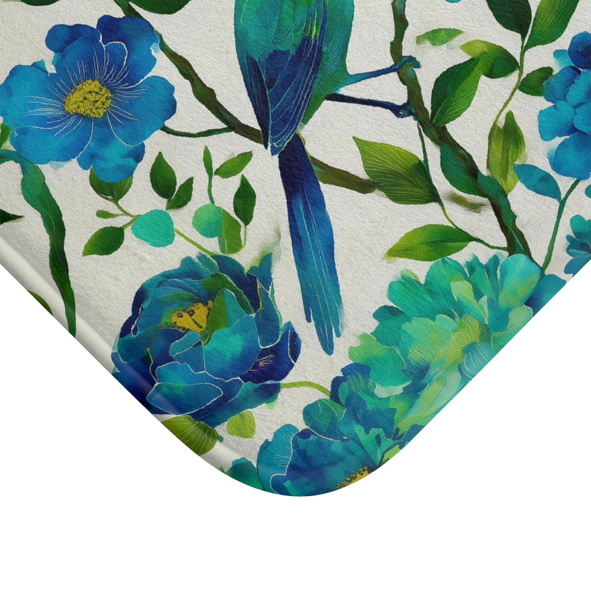 Elegant Chinoiserie Bath Mat: Blue-Green Bird & Floral Design for Stylish Bathroom Accent