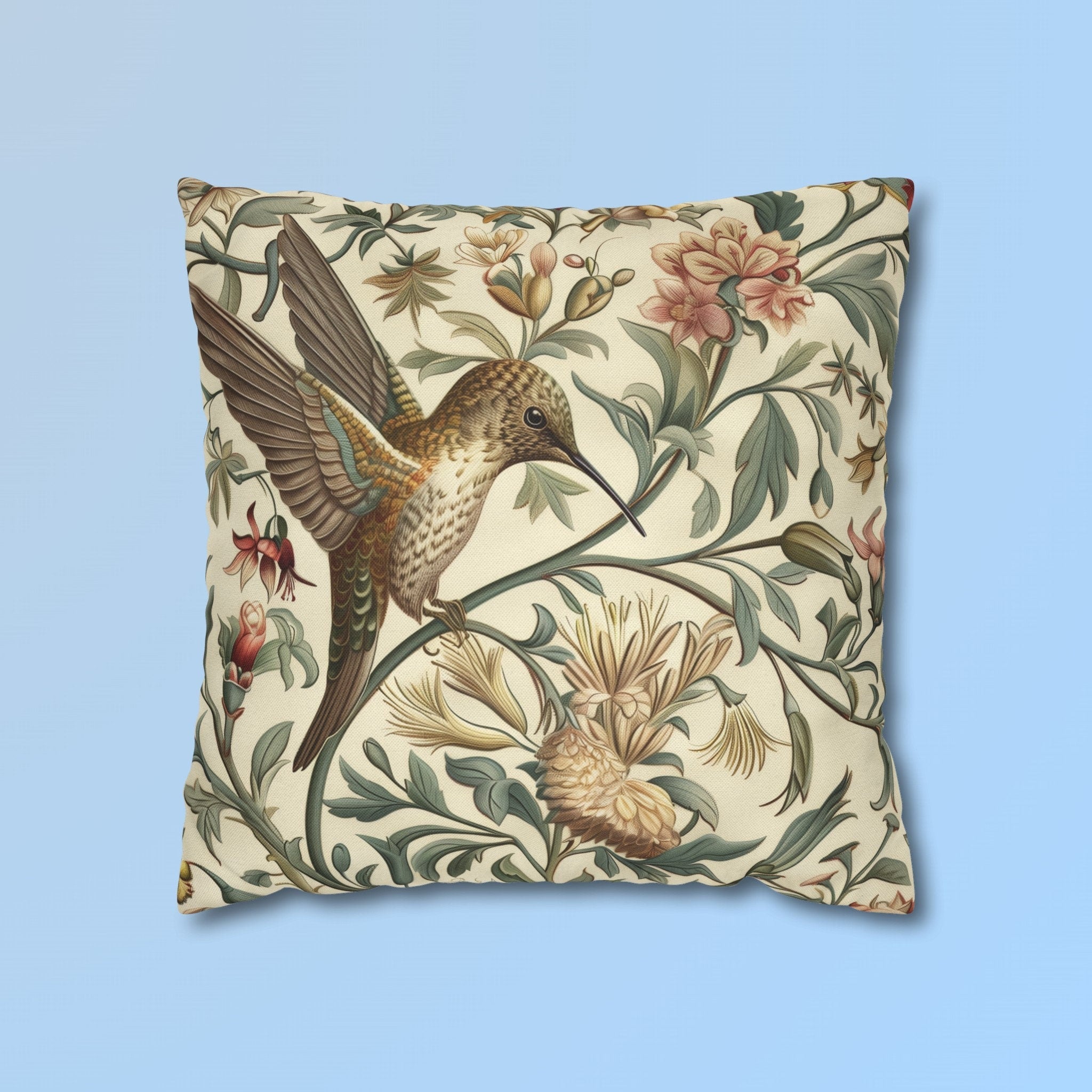 William Morris Hummingbird Pillow Cover: Floral Bird Art