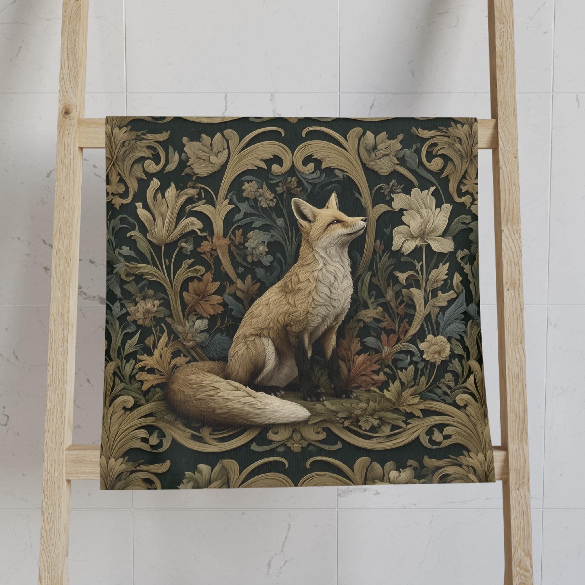 William Morris Fox Hand Towel: Dark Woodland Botanical Arts & Crafts Decor