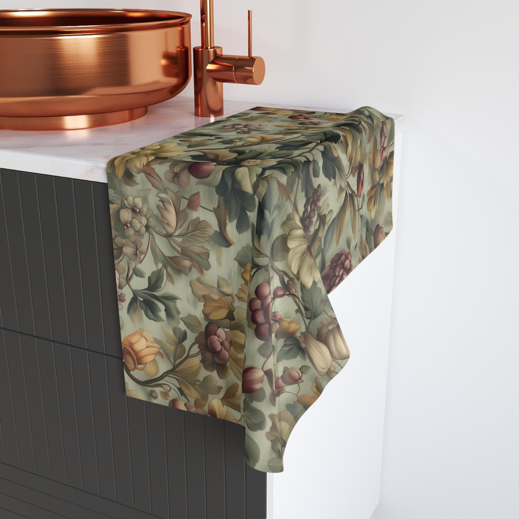 William Morris Inspired Fall Botanical Hand Towel: Sage Mint, Wine, Wheat