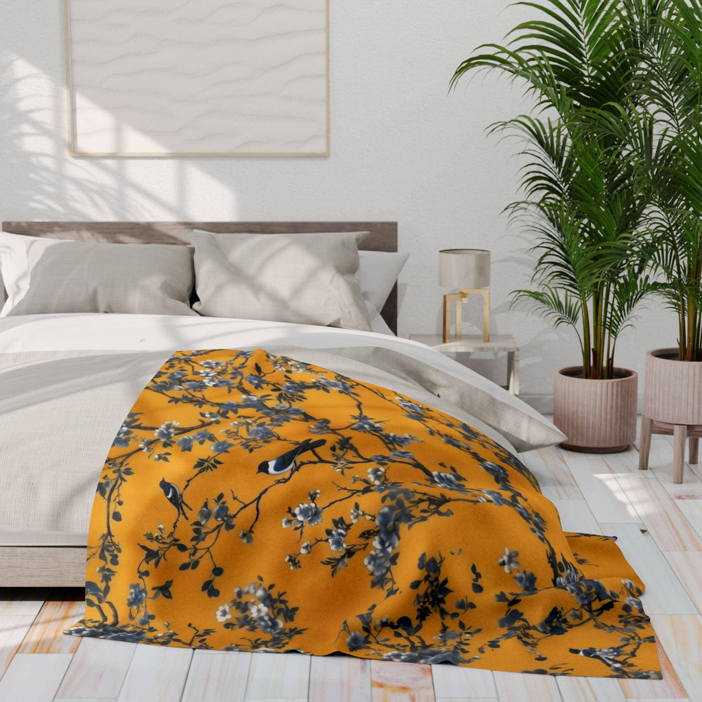 Elegant Chinoiserie Throw Blanket: Golden Yellow with Blue Blossom Branches, Asian-Inspired Home Accent