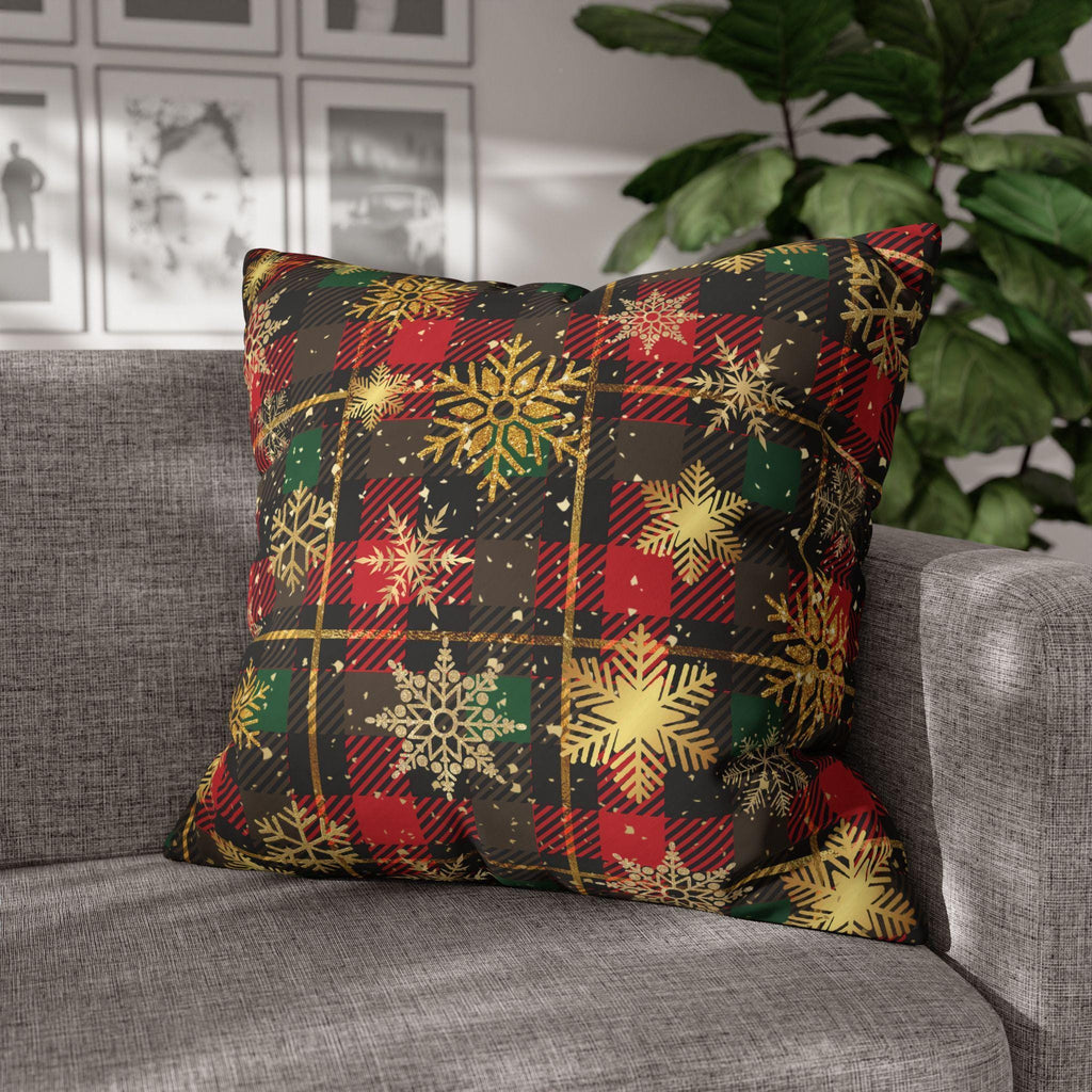 Christmas Plaid Pillow Cover, Gold Snowflakes, Festive Home Decor