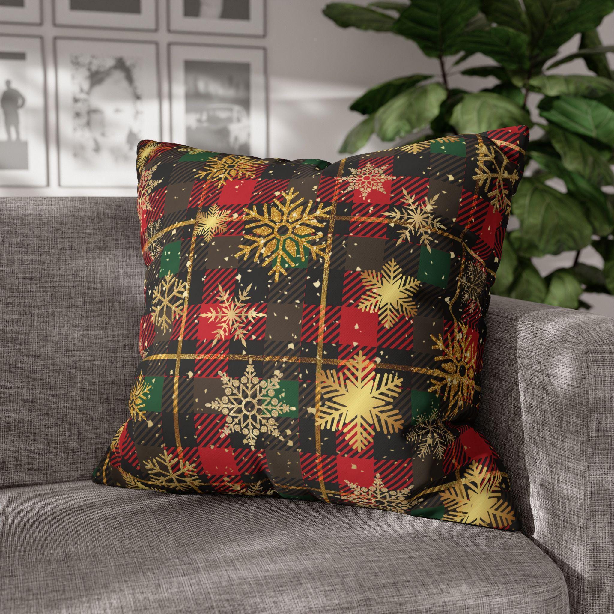 Christmas Plaid Pillow Cover, Gold Snowflakes, Festive Home Decor