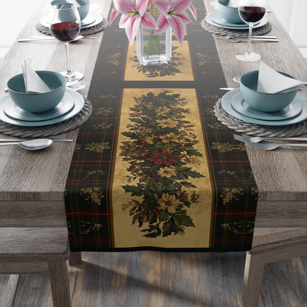 Plaid Botanical Stripes Christmas Table Runner: Vintage Style with Poinsettias and Holly