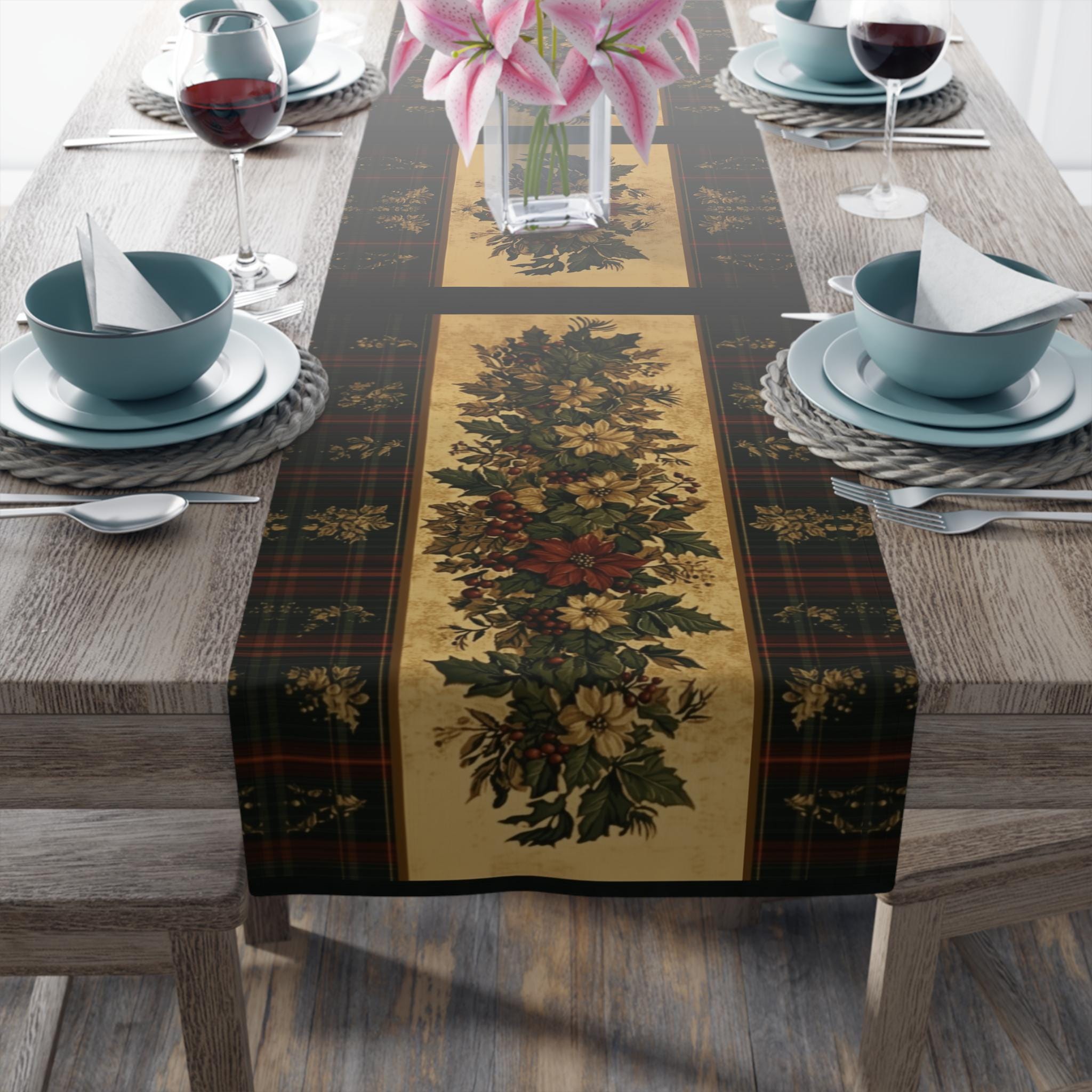 Plaid Botanical Stripes Christmas Table Runner: Vintage Style with Poinsettias and Holly